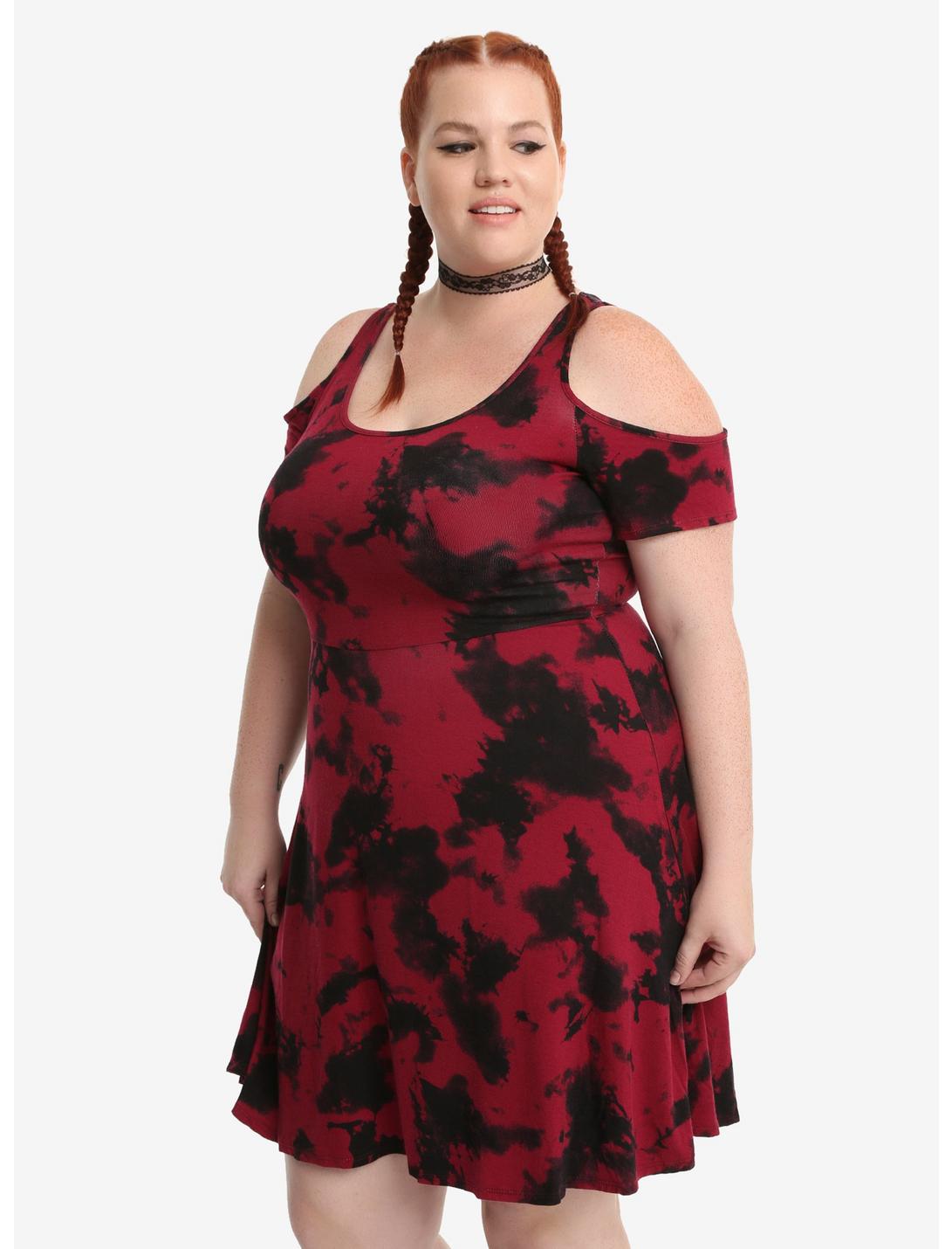 Red & Black Tie-Dye Cold Shoulder Dress Plus Size, BURGUNDY, hi-res