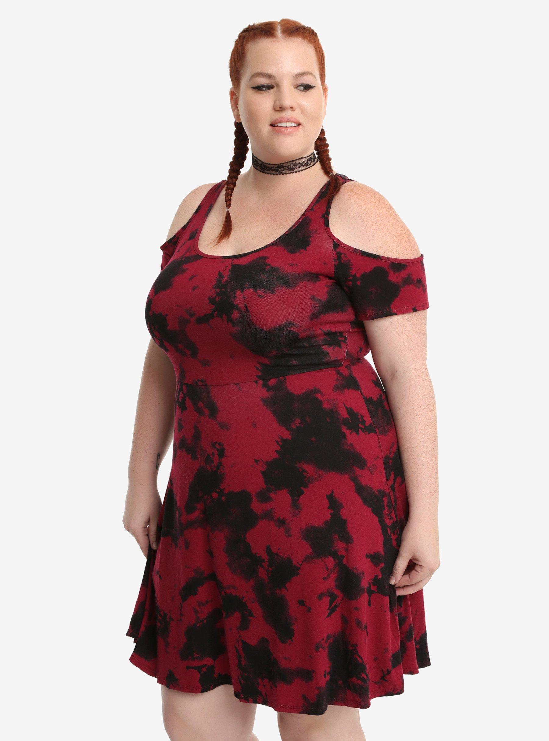 Red & Black Tie-Dye Cold Shoulder Dress Plus Size, BURGUNDY, hi-res
