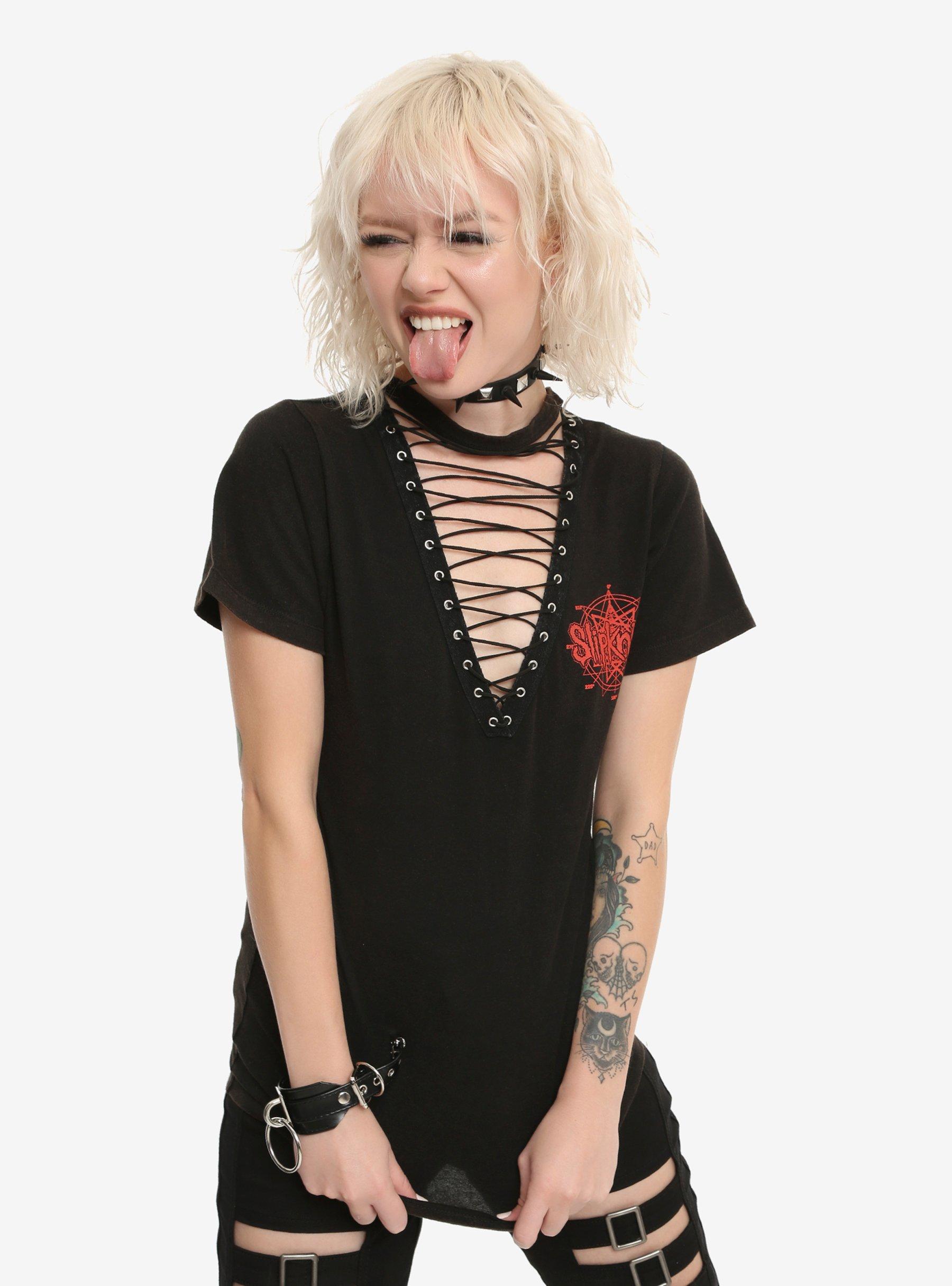 Slipknot Lace-Up V-Neck Girls T-Shirt, BLACK, hi-res