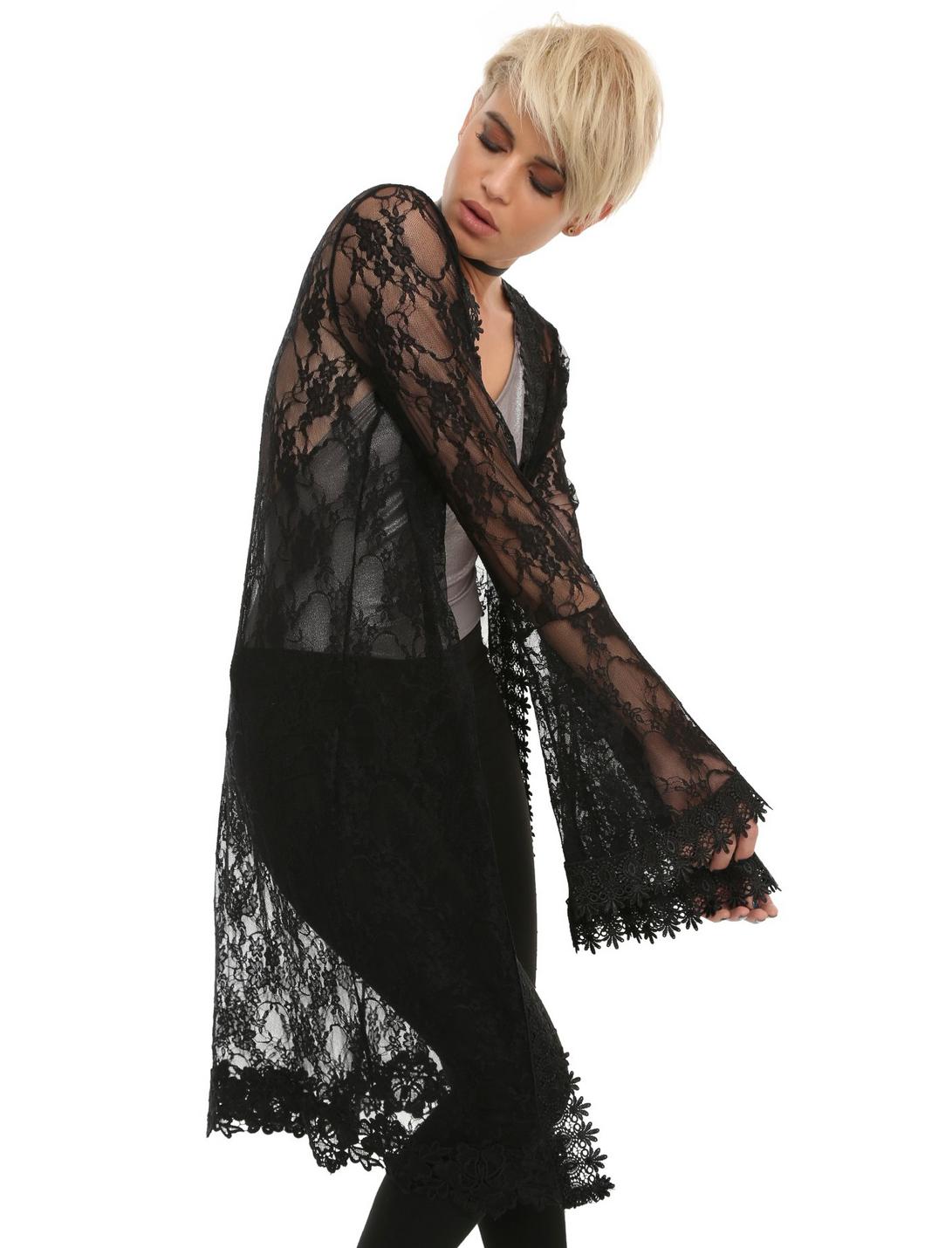 Black Lace Long Kimono, BLACK, hi-res