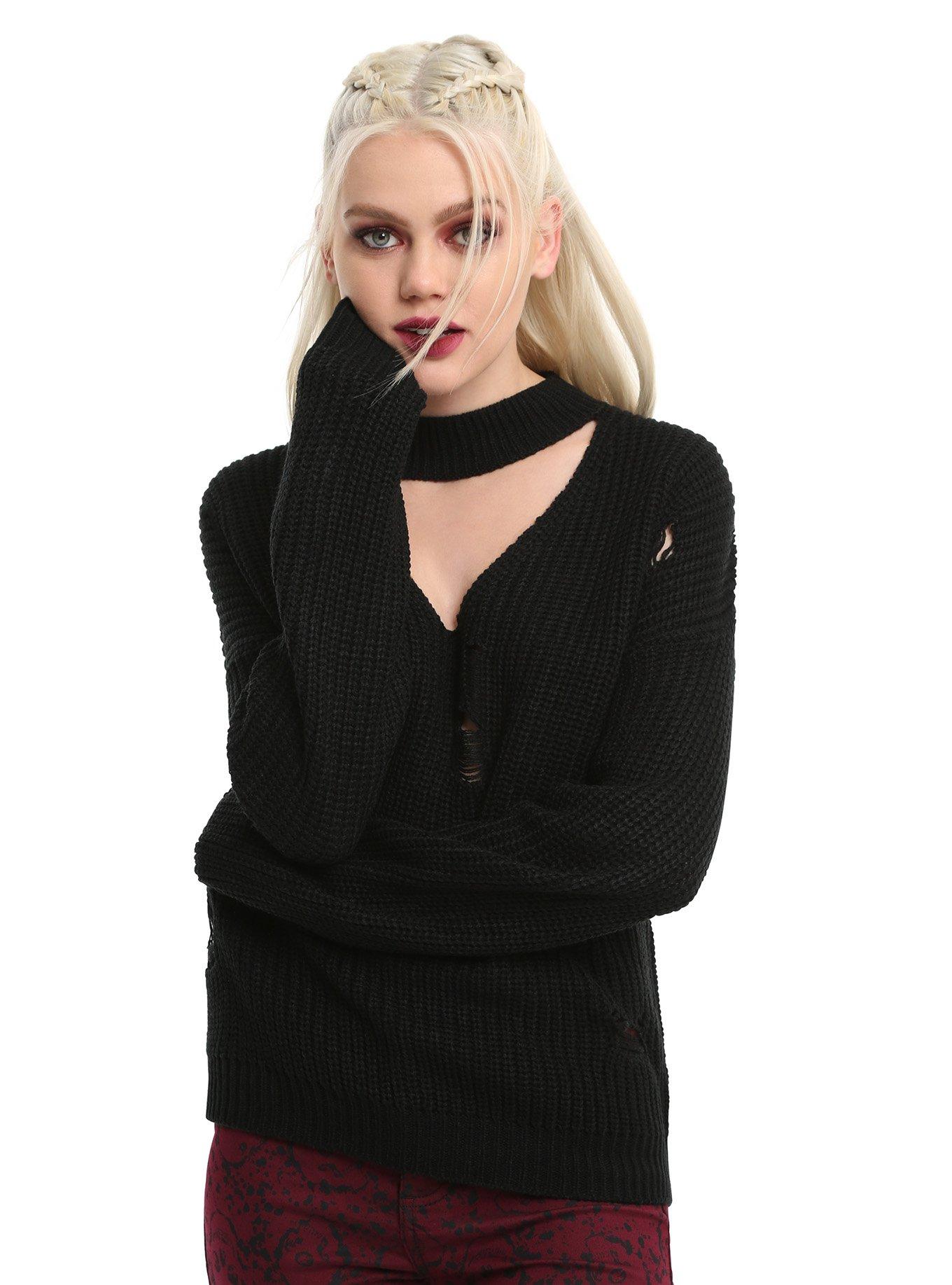 Black Distressed V Cutout Choker Girls Sweater, BLACK, hi-res