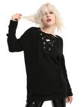 Black Lace-Up Heavy Knit Girls Tunic Sweater, BLACK, hi-res