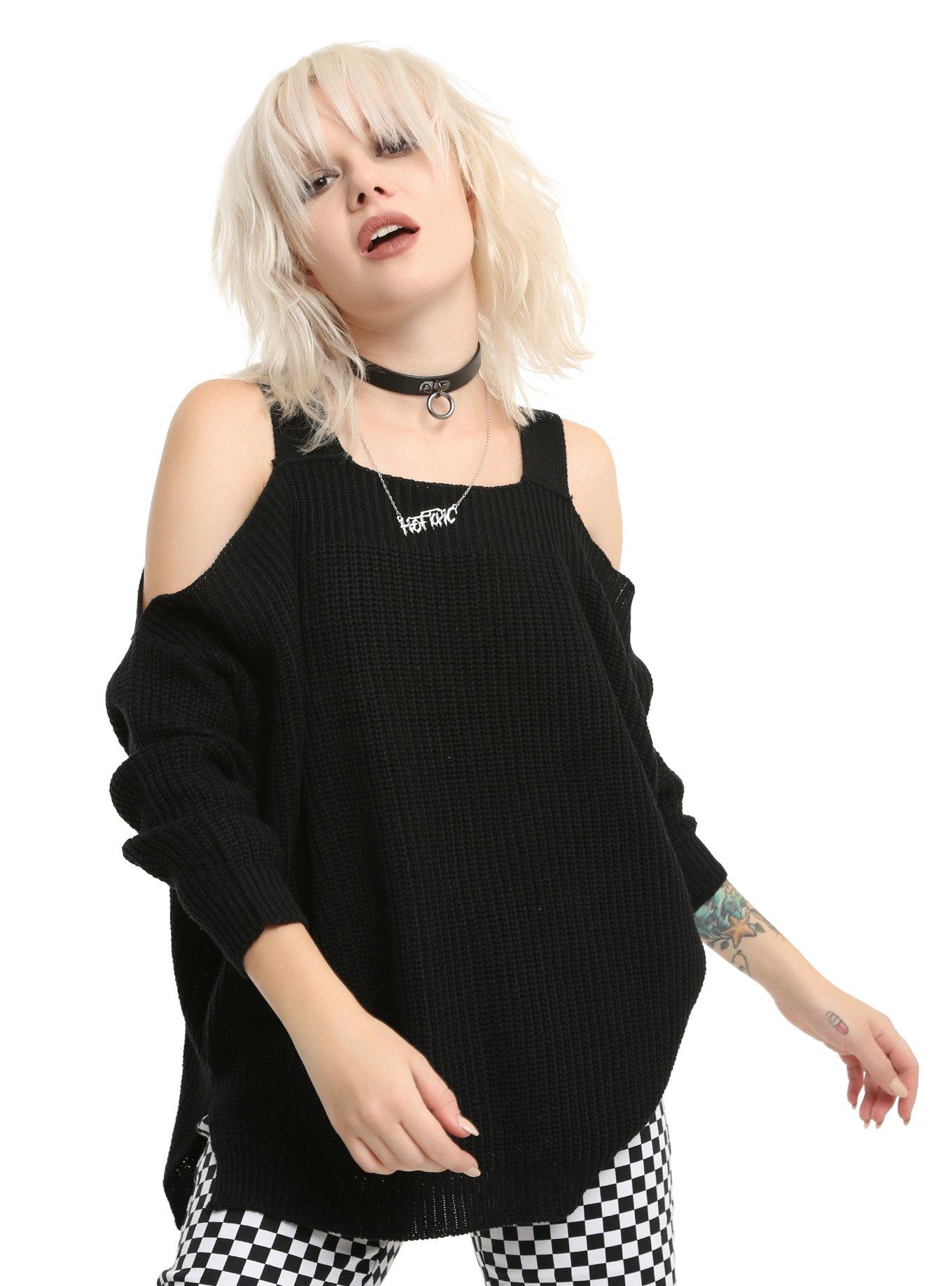 Black Cold Shoulder Heavy Knit Girls Sweater, BLACK, hi-res
