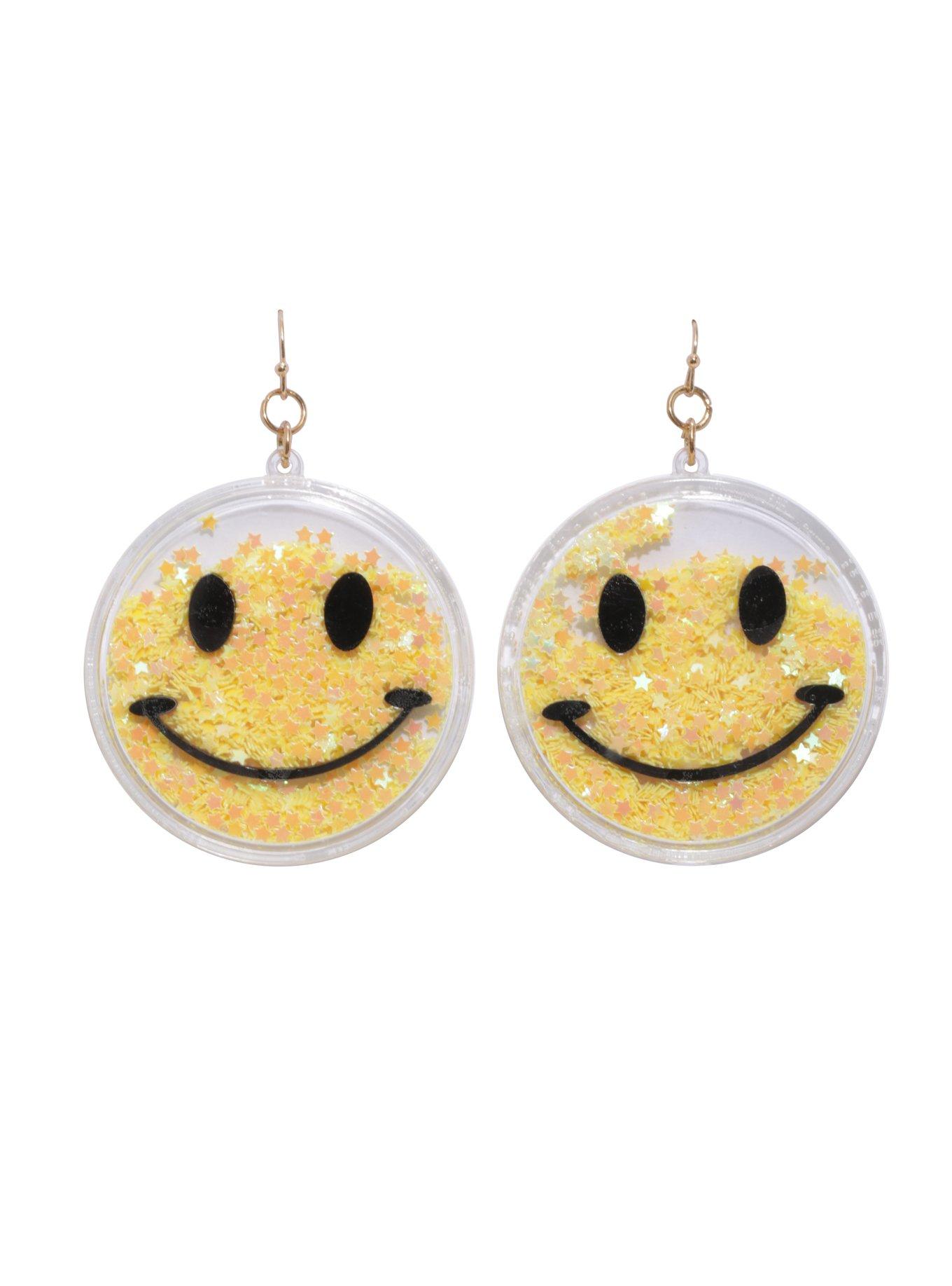 Smiley Face Star Glitter Dangle Earrings, , hi-res