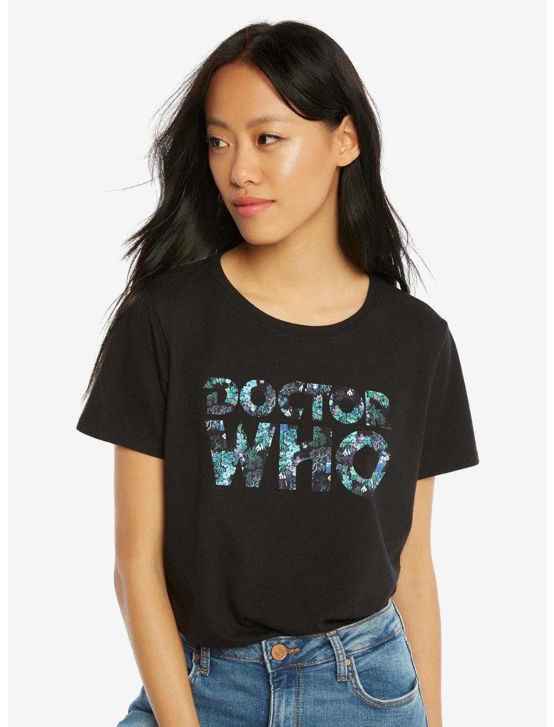 Doctor Who Floral Logo T-Shirt, BLACK, hi-res