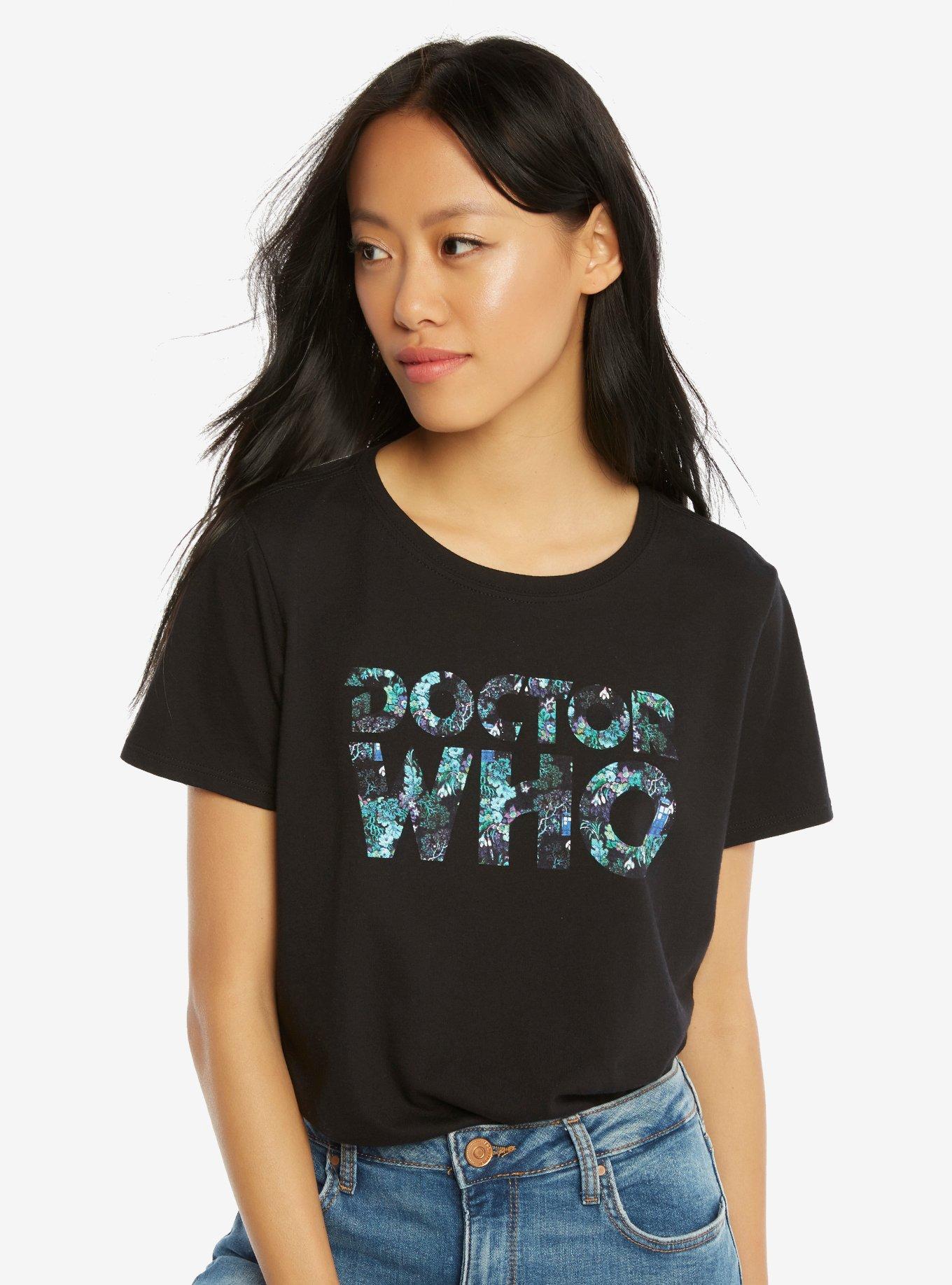 Doctor Who Floral Logo T-Shirt, BLACK, hi-res
