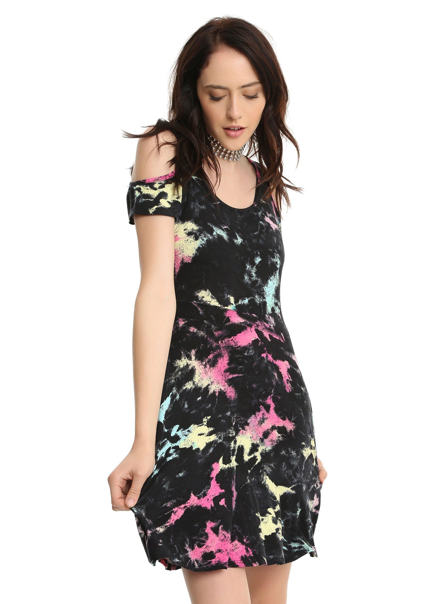 Pastel Tie Dye Cold Shoulder Dress, BLACK, hi-res