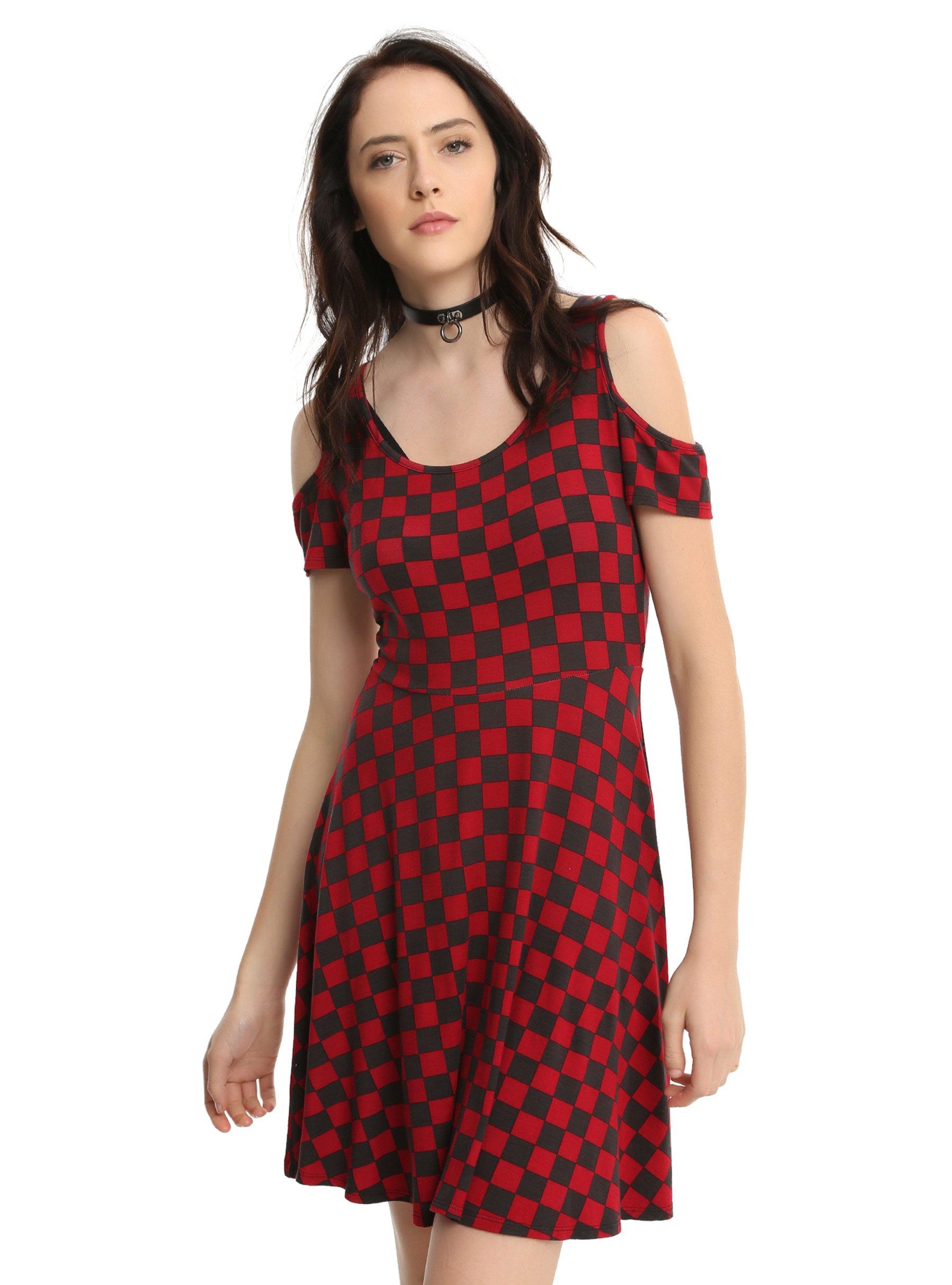 Red & Black Checkered Cold Shoulder Dress, BLACK, hi-res