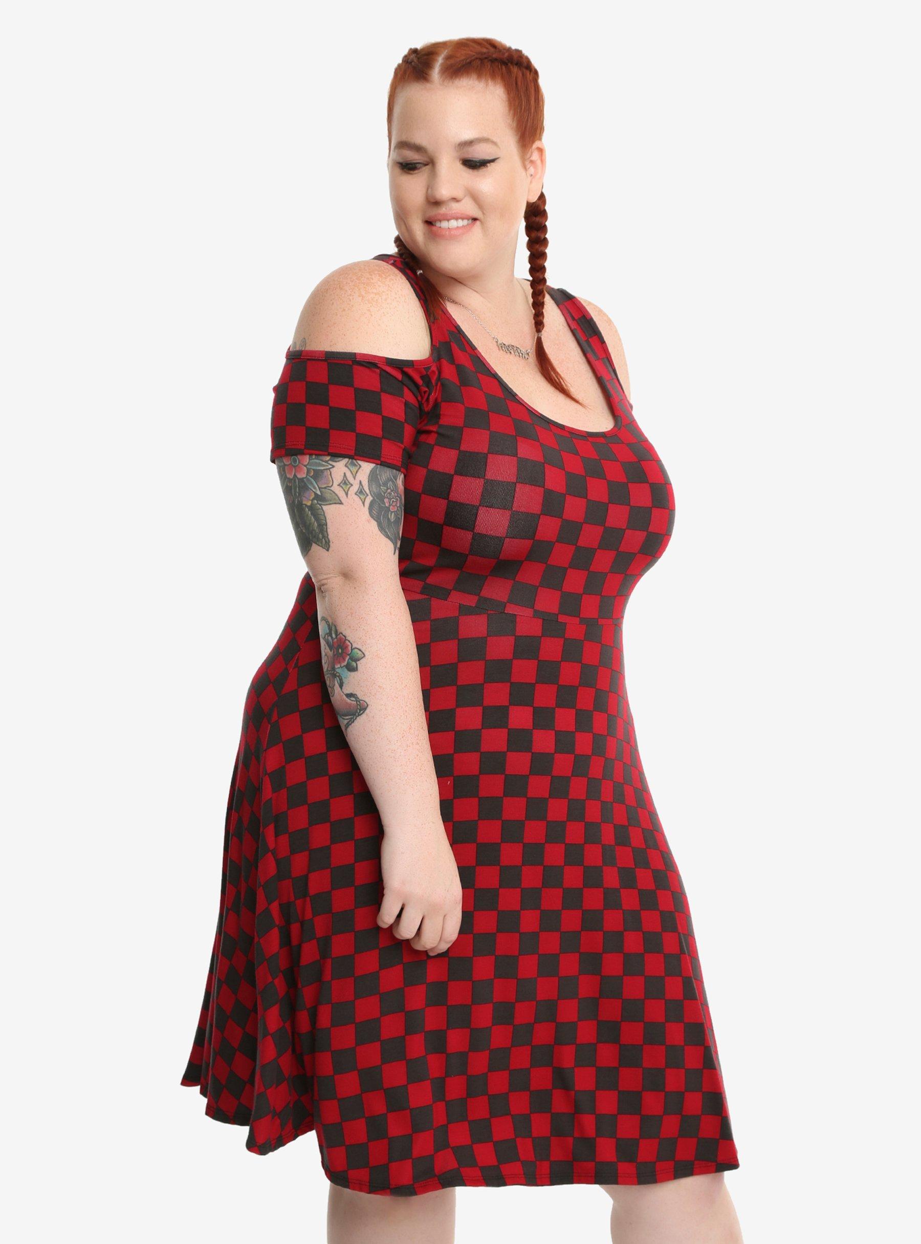 Red & Black Checkered Cold Shoulder Dress Plus Size, BLACK, hi-res