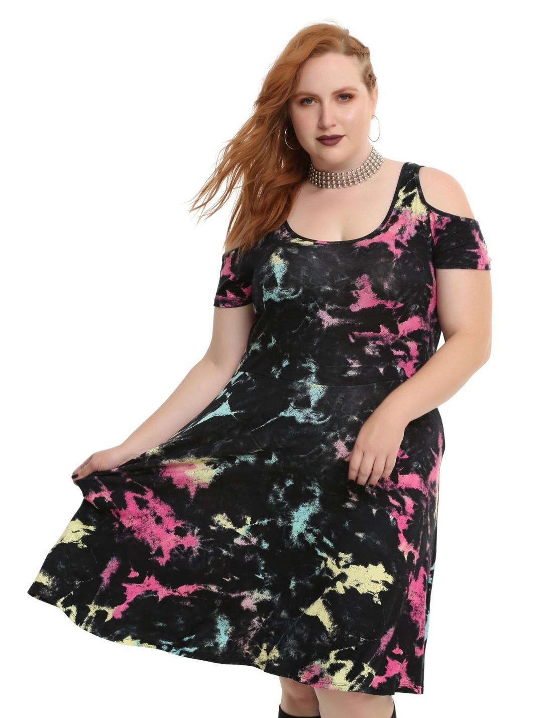 Pastel Tie Dye Cold Shoulder Dress Plus Size, BLACK, hi-res
