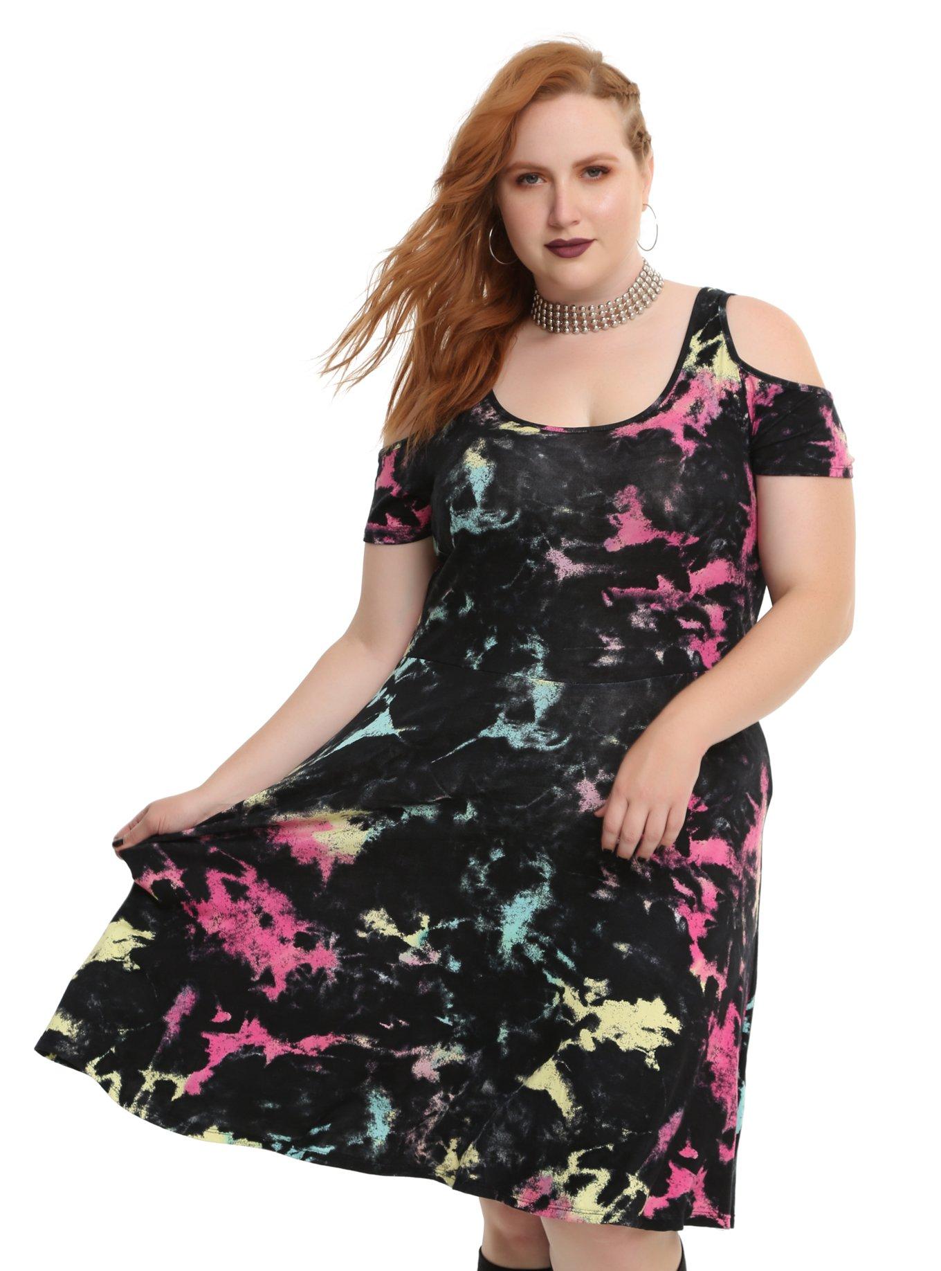 Pastel Tie Dye Cold Shoulder Dress Plus Size, BLACK, hi-res