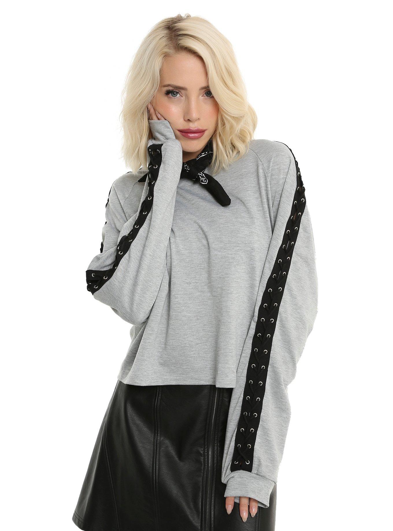 Grey Lace-Up Long-Sleeve Girls Top, GREY, hi-res