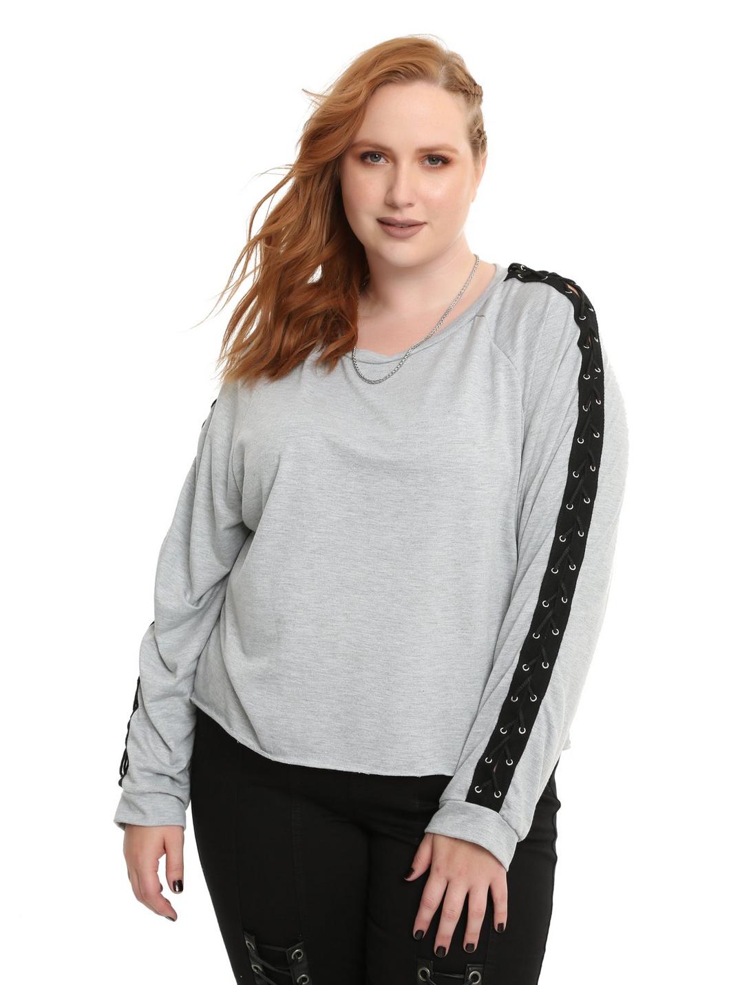 Grey Lace-Up Long-Sleeve Girls Top Plus Size, GREY, hi-res