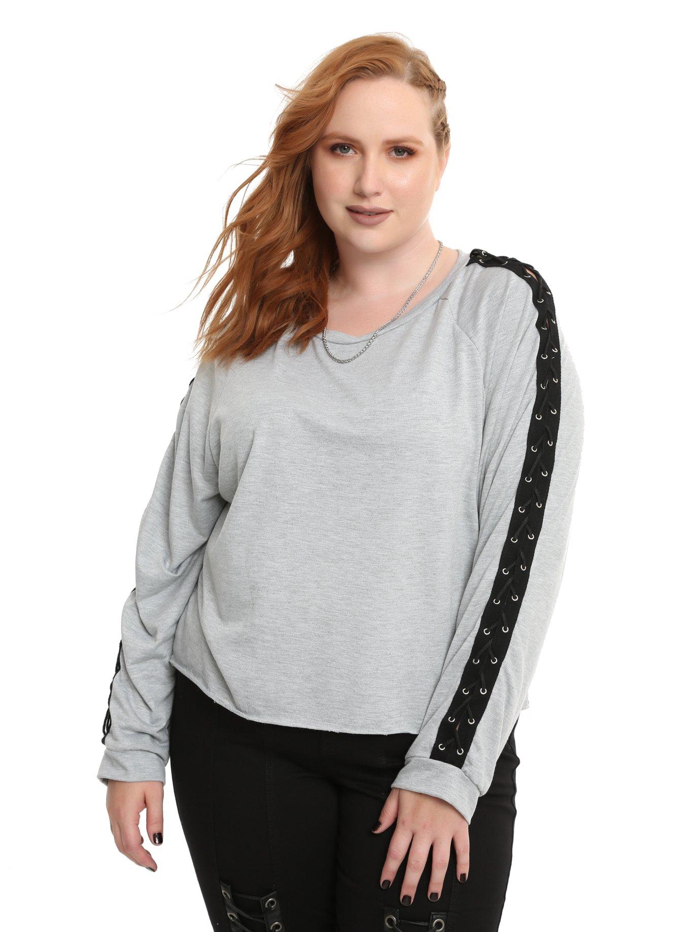 Grey Lace-Up Long-Sleeve Girls Top Plus Size, GREY, hi-res