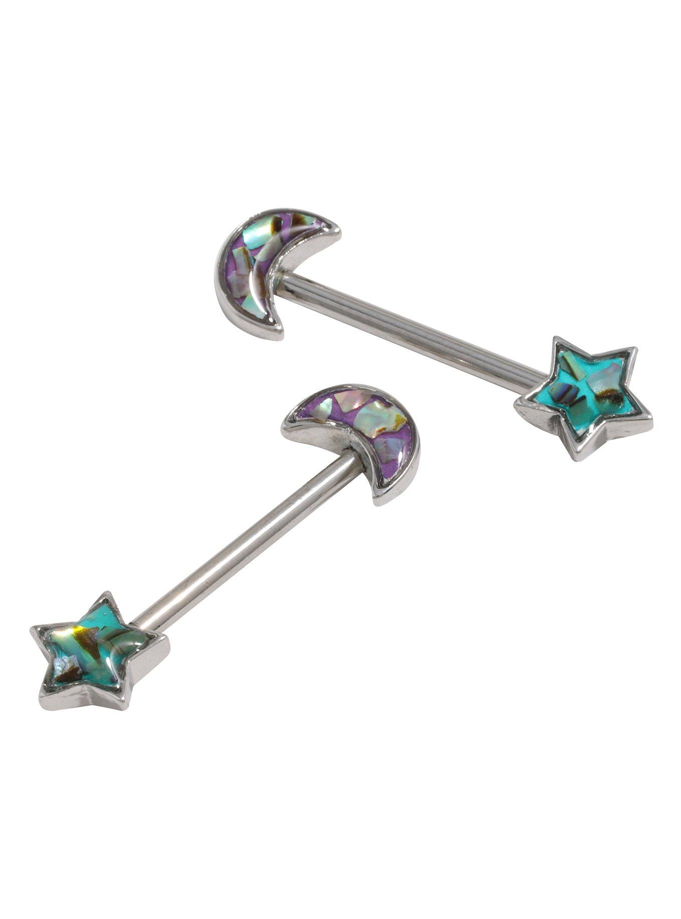 14G Steel Star & Moon Nipple Barbell 2 Pack, , hi-res