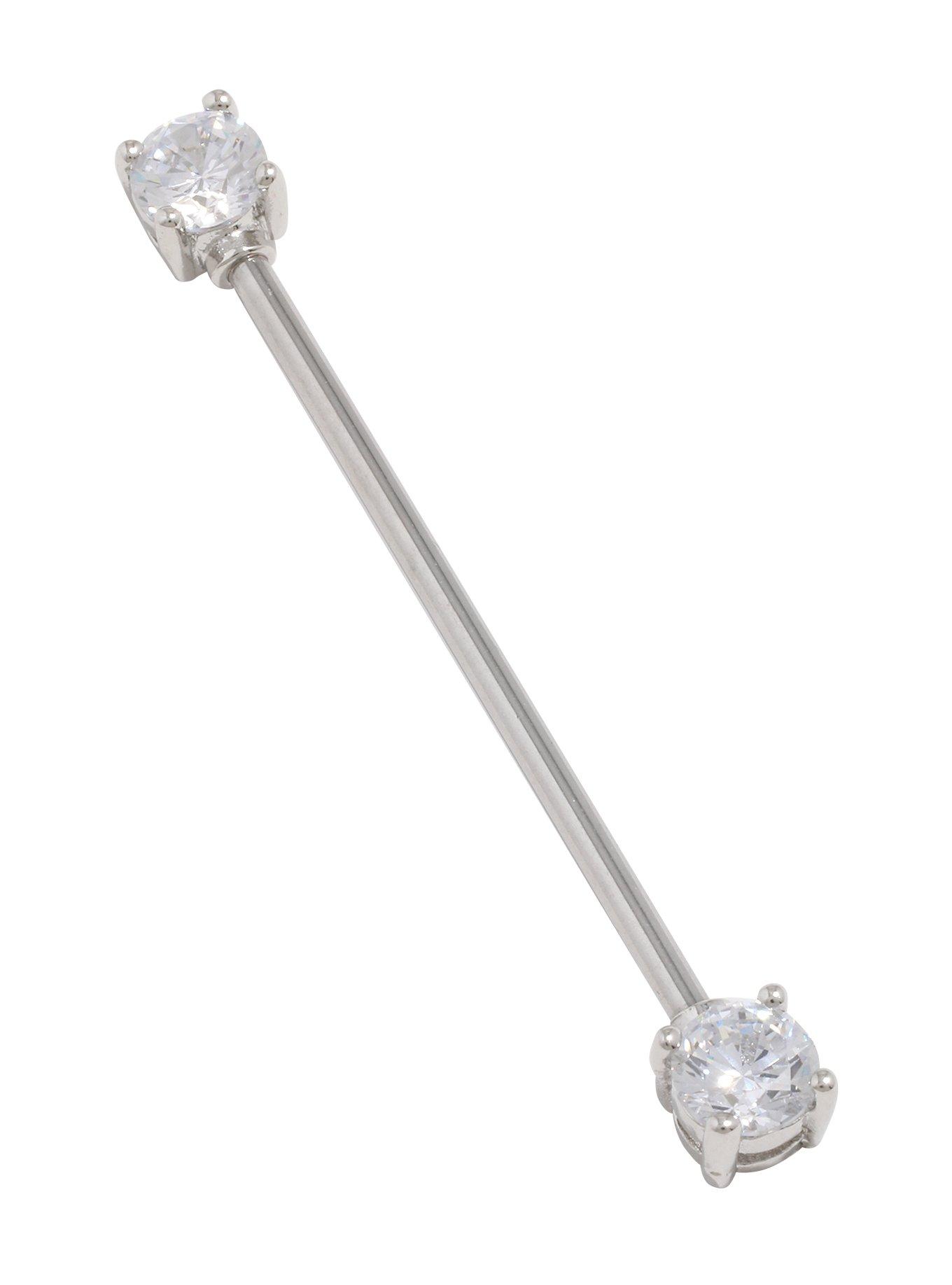14G 1 1/2 Steel Clear CZ Prong Industrial Barbell, , hi-res