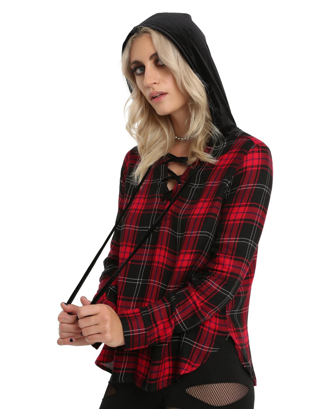 Red Plaid Velvet Lace-Up Hoodie, RED, hi-res