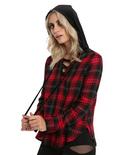 Red Plaid Velvet Lace-Up Hoodie, RED, hi-res