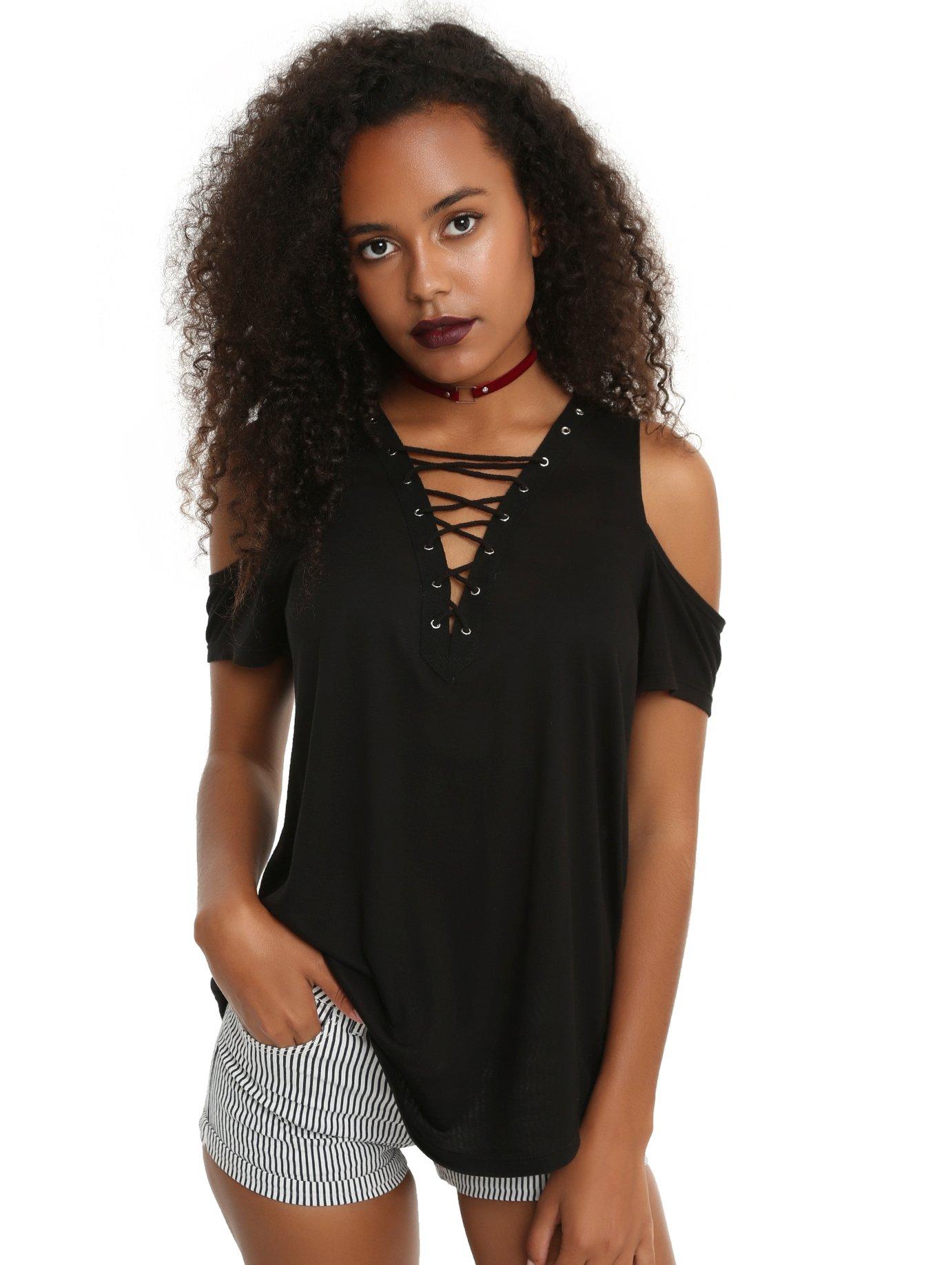 Black Lace-Up Girls Cold Shoulder Top, BLACK, hi-res