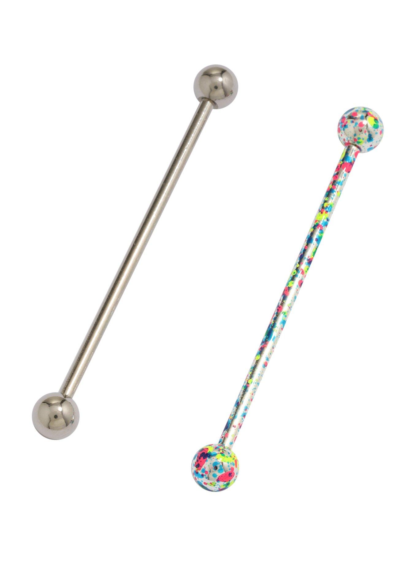 14G Steel & Rainbow Splatter Industrial Barbell 2 Pack, , hi-res