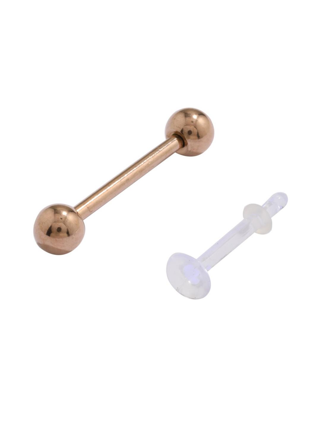 14G Steel Rose Gold Basic Tongue Barbell & Retainer 2 Pack, , hi-res