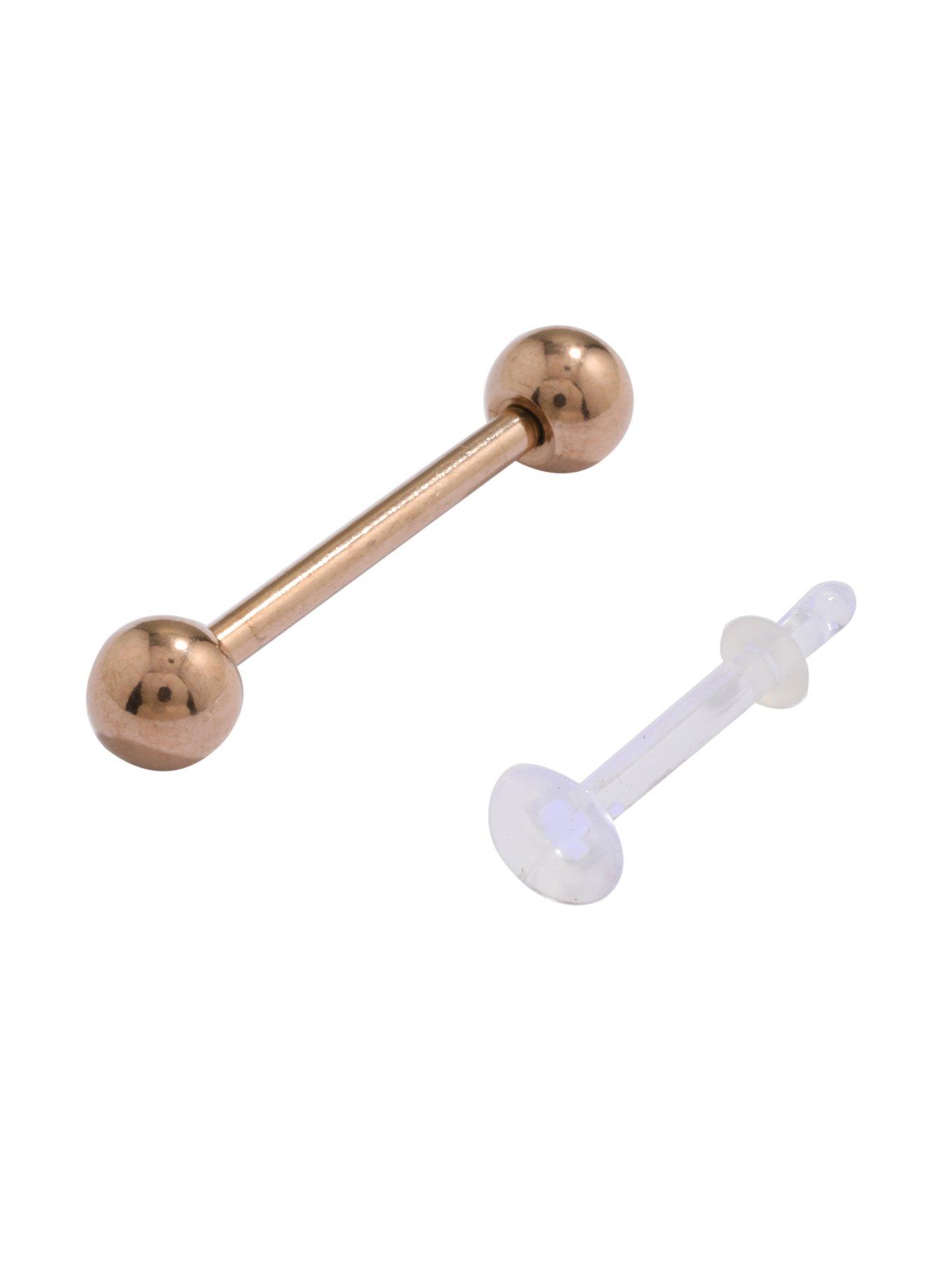 14G Steel Rose Gold Basic Tongue Barbell & Retainer 2 Pack, , hi-res