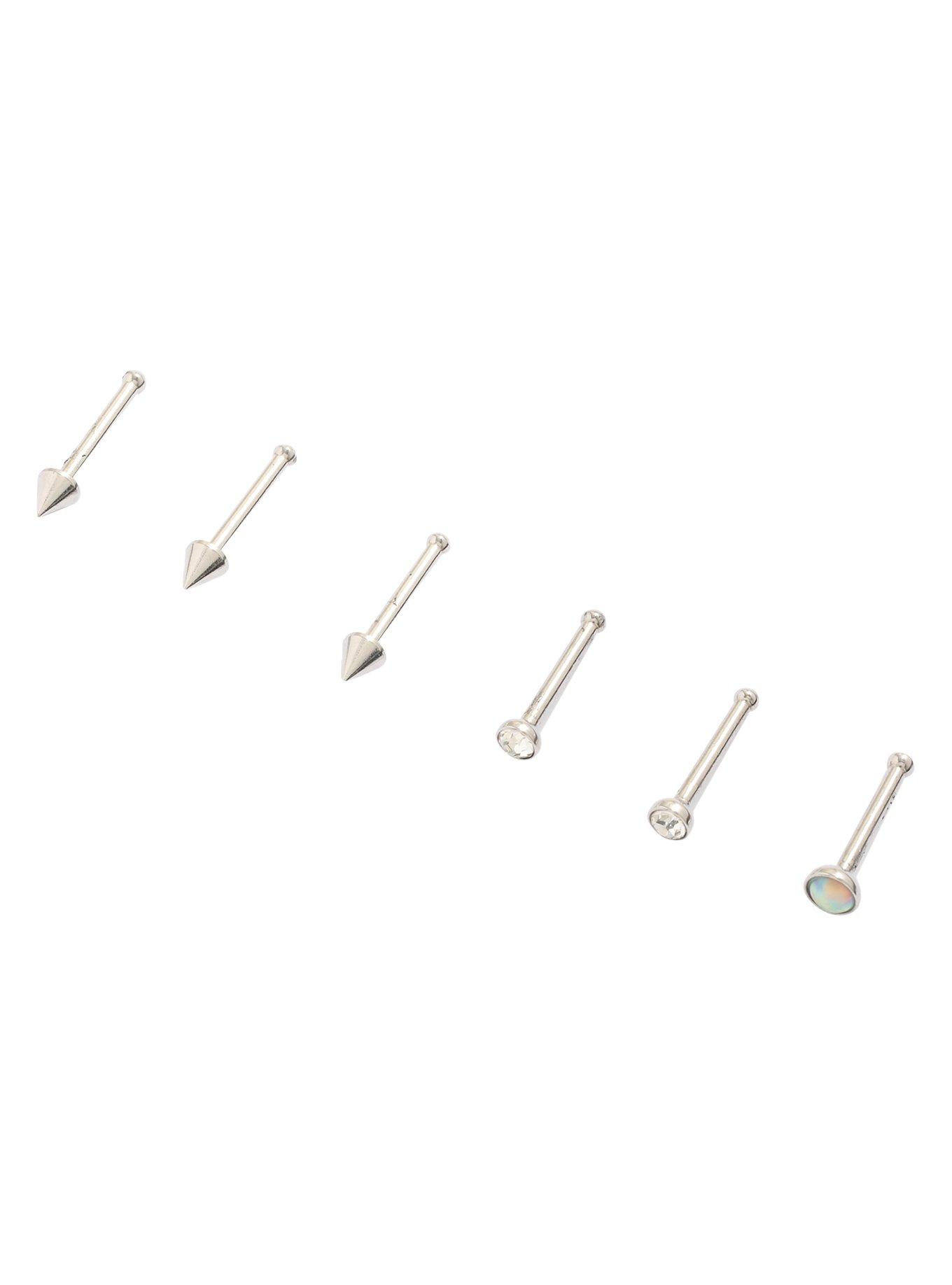 Steel Spike & Gem Nose Stud 6 Pack, SILVER, hi-res