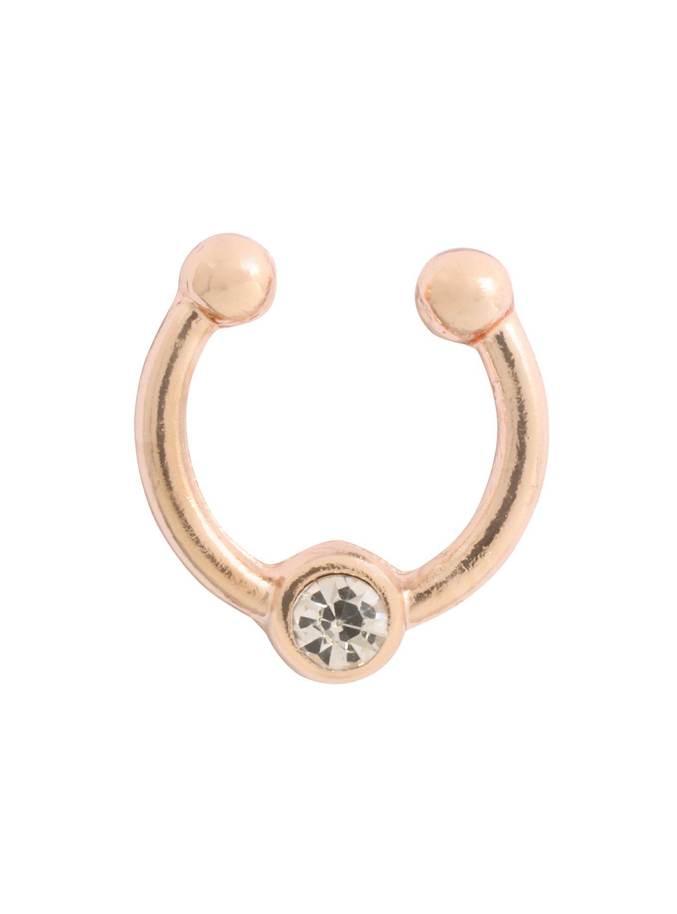Steel Rose Gold Gem Faux Septum Hoop, , hi-res