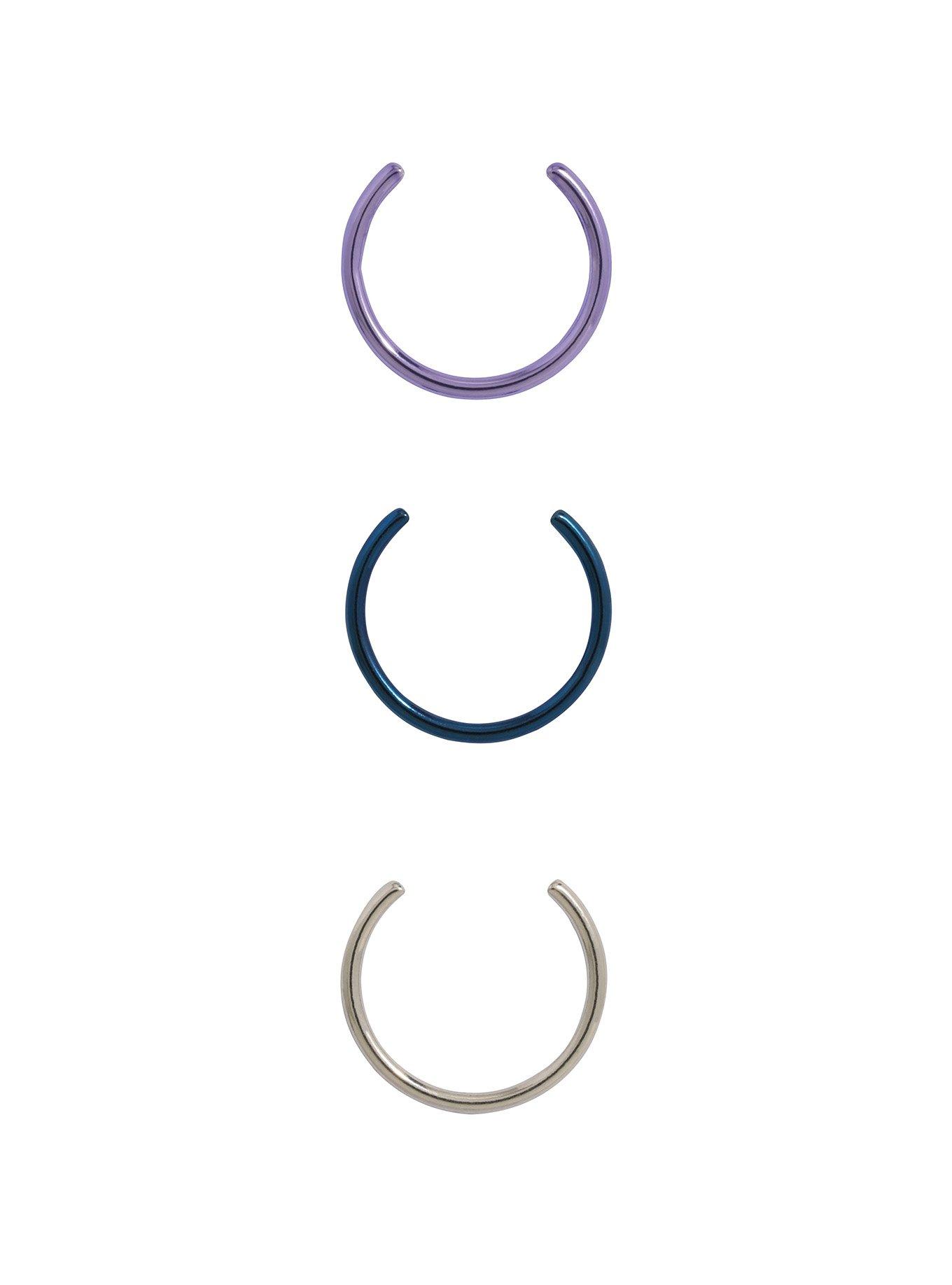 Steel Silver Purple & Blue Faux Lip Hoop 3 Pack, , hi-res