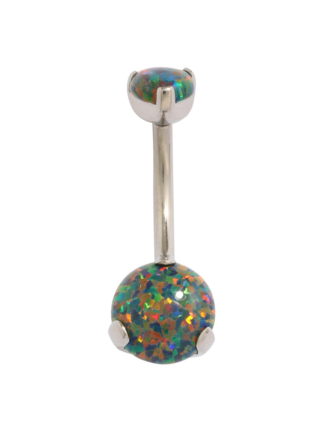 14G Titanium Black Opal Prong Set Navel Barbell, , hi-res