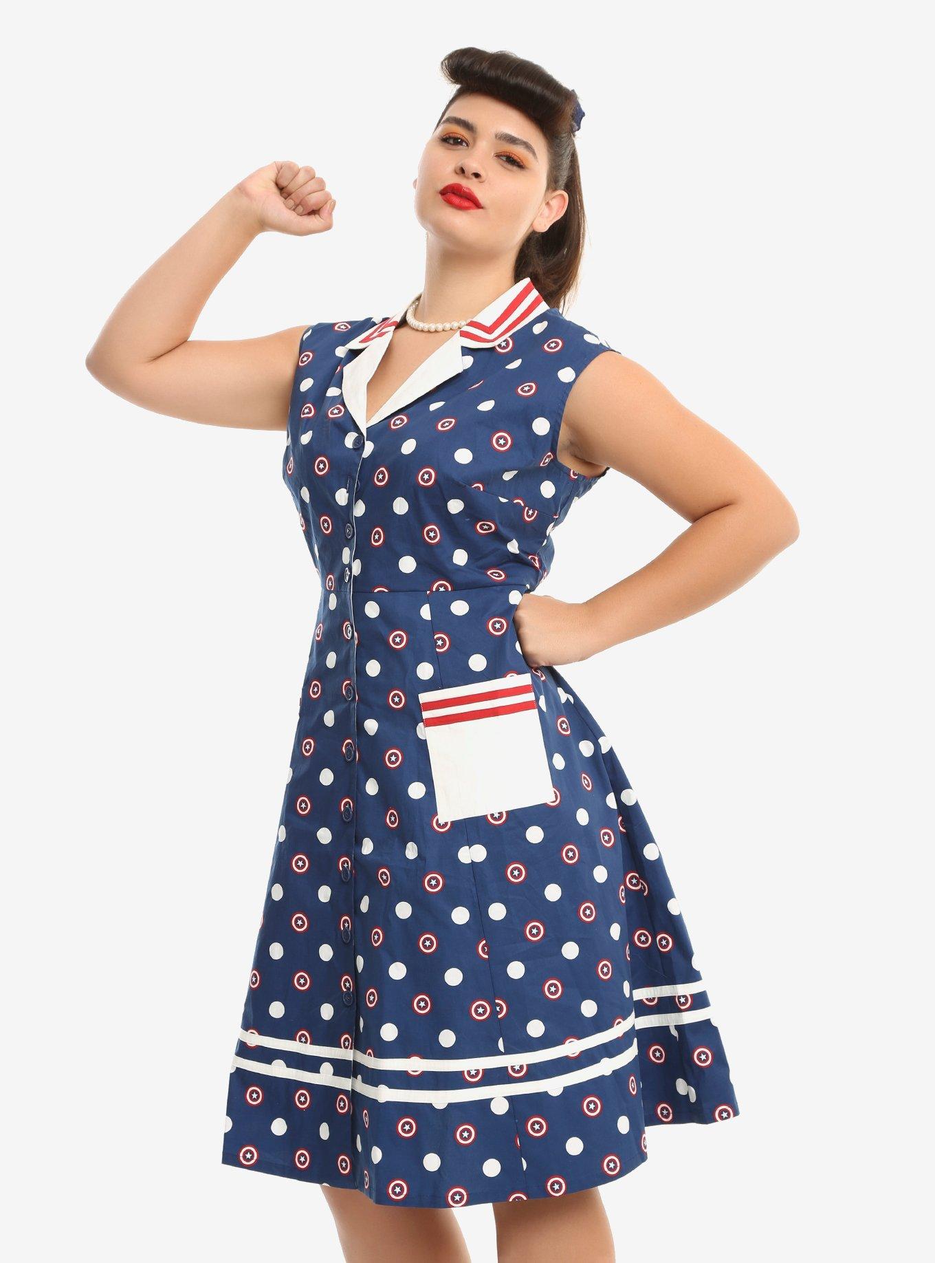 Her Universe Marvel Captain America Retro Button-Front Dress Plus Size, BLUE, hi-res