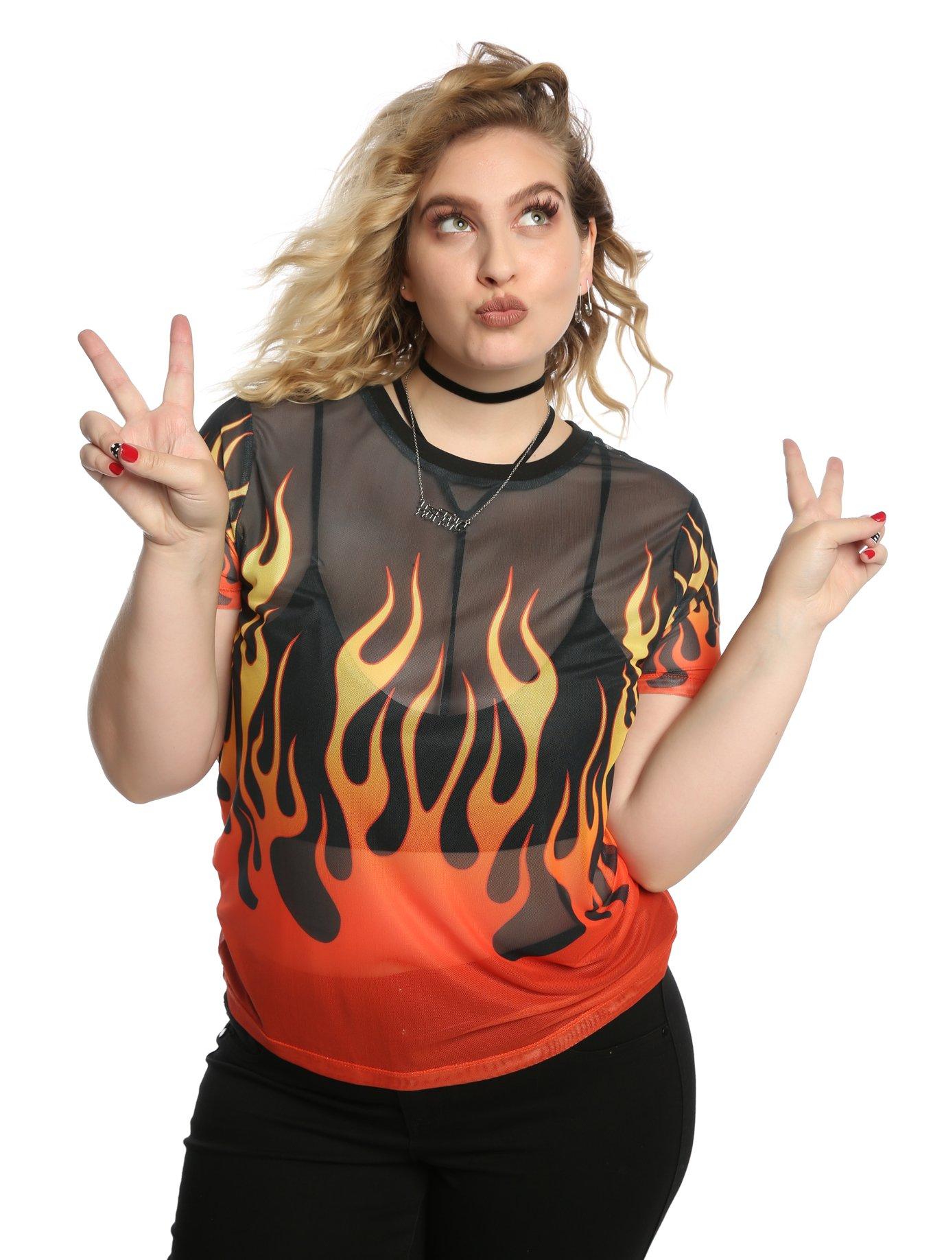 Flame Mesh Girls Top Plus Size, BLACK, hi-res