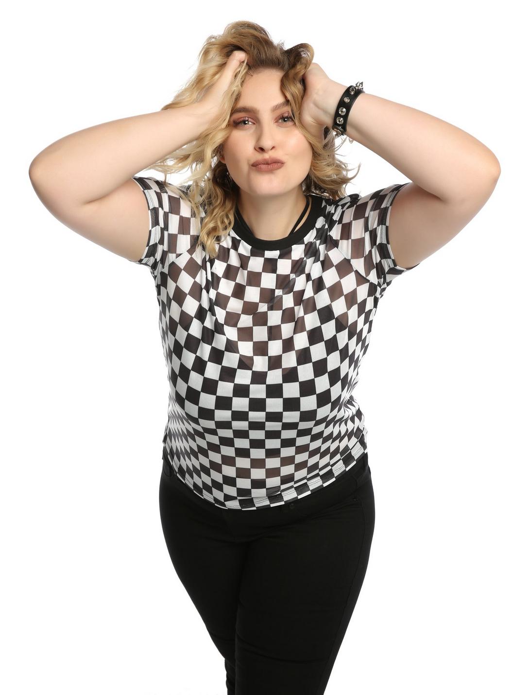 Black & White Checkered Girls Mesh Top Plus Size, BLACK, hi-res