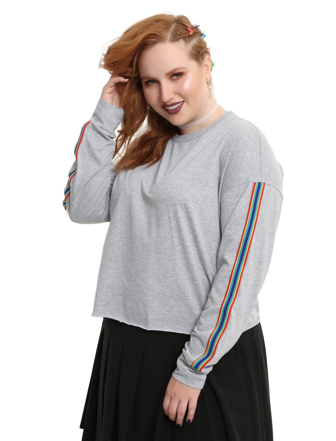 Rainbow Trim Sleeve Heather Grey Girls Top Plus Size, PINK, hi-res