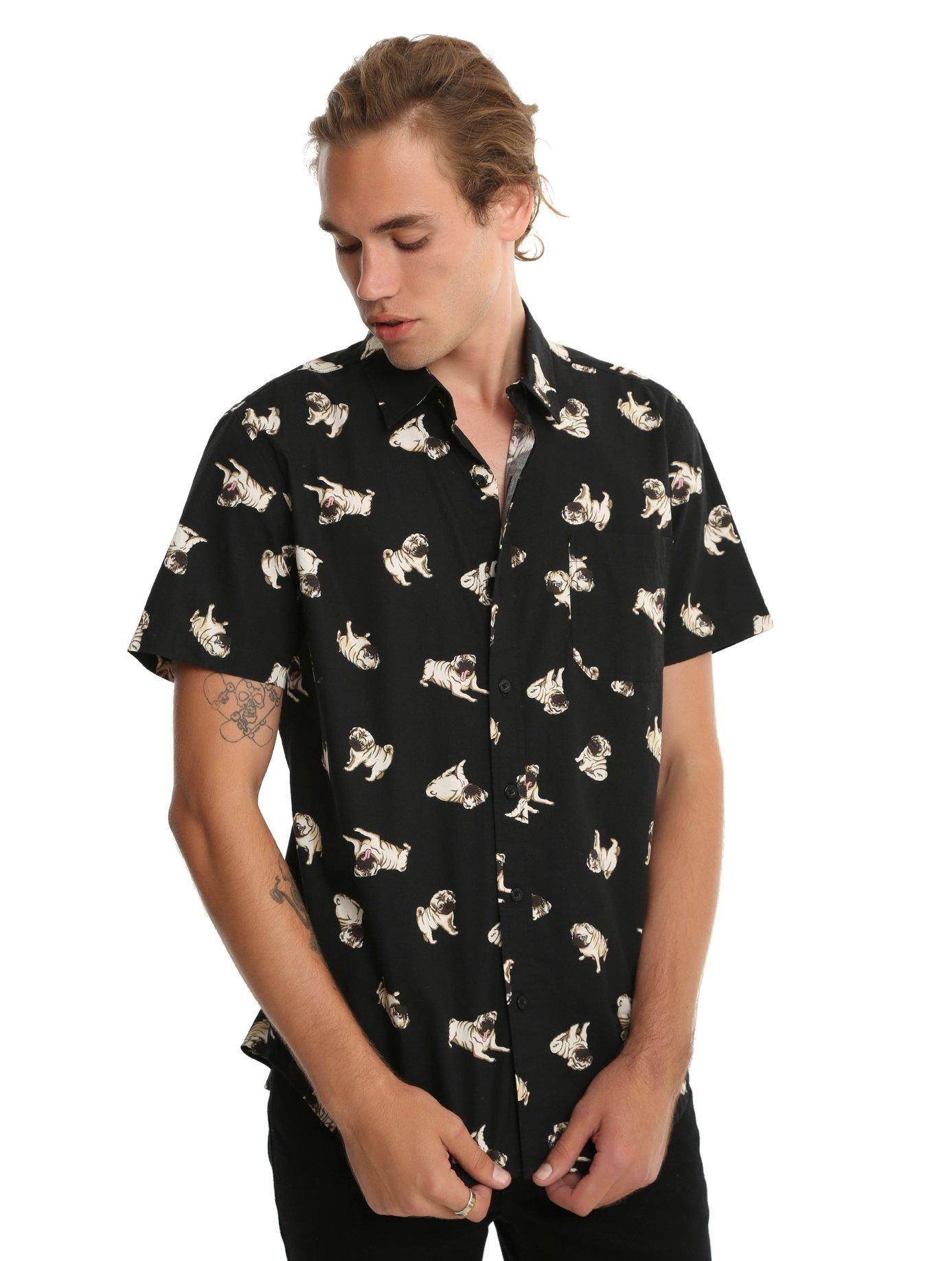 Pug Print Short-Sleeved Woven Button-Up, BLACK, hi-res