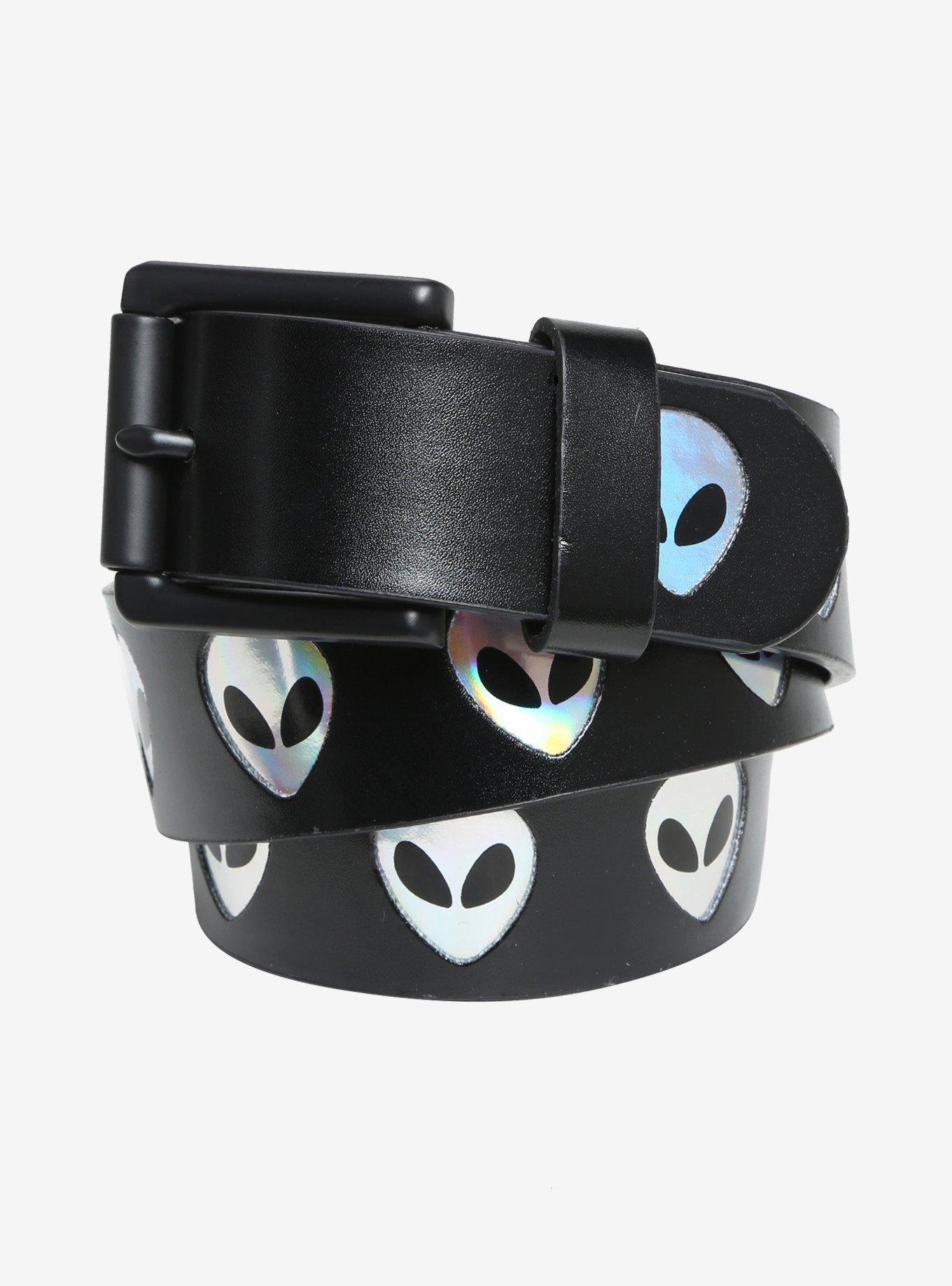 Iridescent Alien Head Faux Leather Belt, BLACK, hi-res