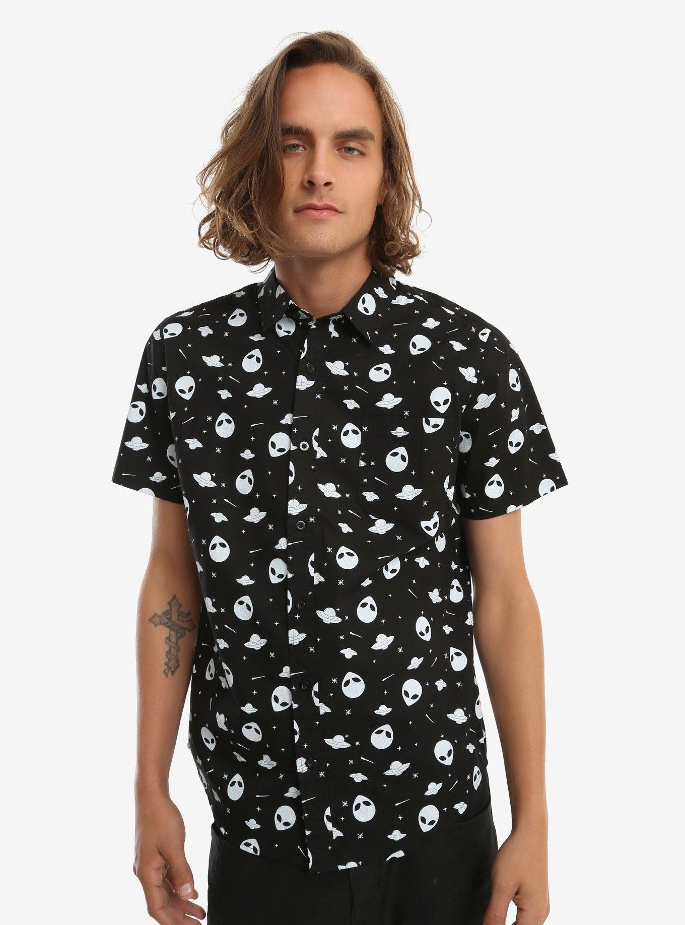 XXX RUDE Black & White Glow-In-The-Dark Alien Short-Sleeved Woven Button-Up, BLACK, hi-res