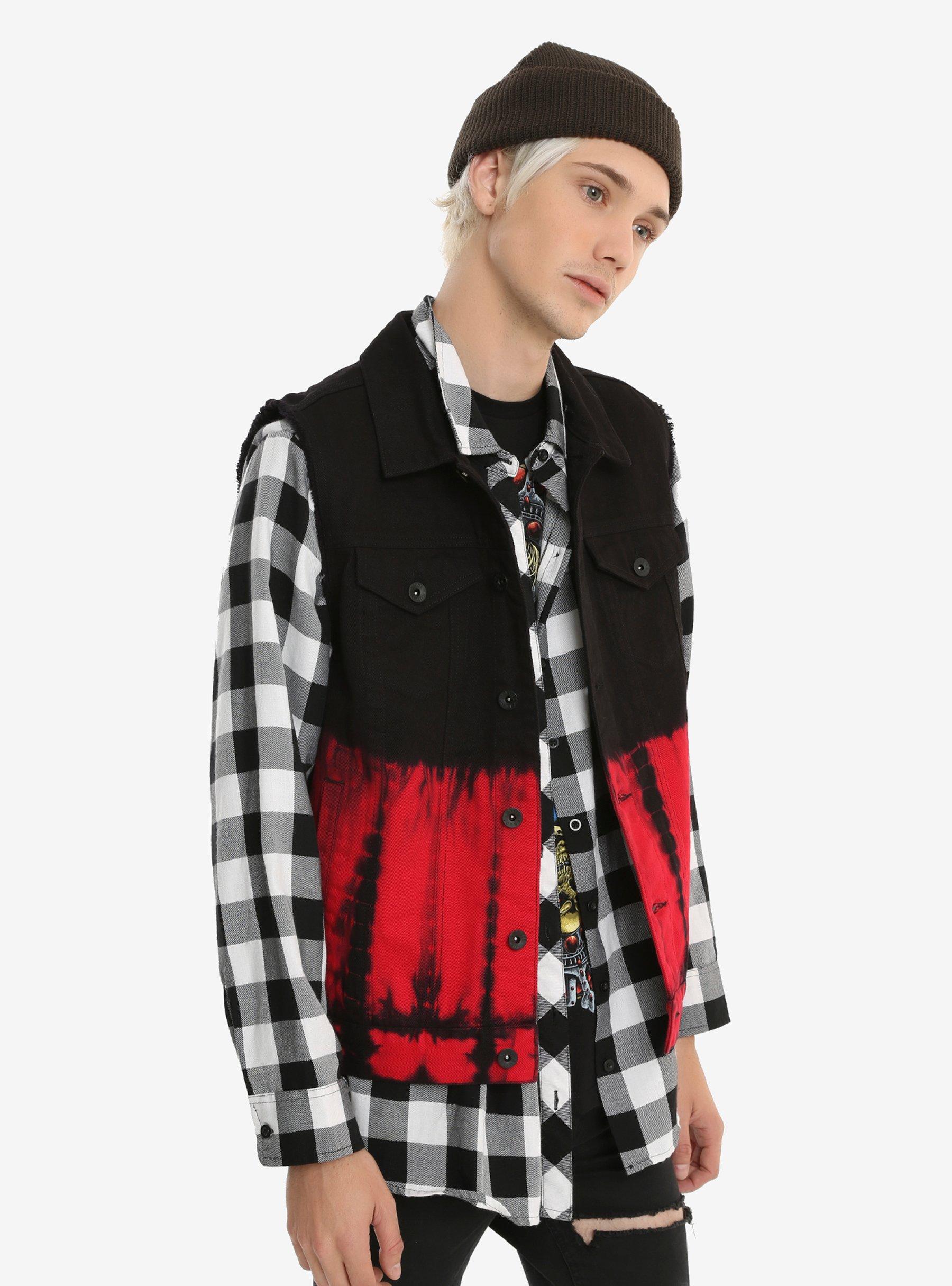 XXX RUDE Red & Black Tie Dye Hooded Denim Vest, RED, hi-res