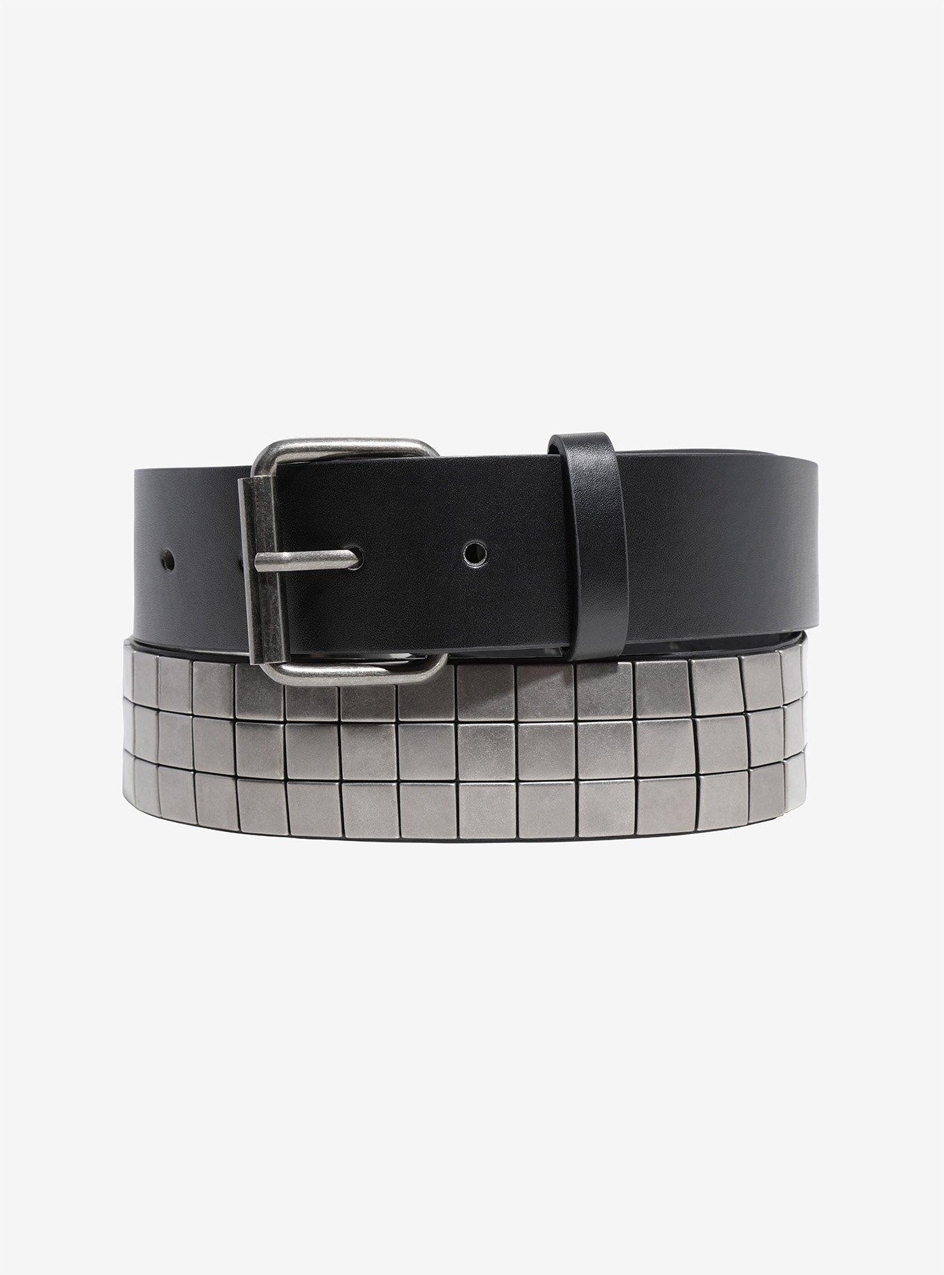 Black 3 Row Square Stud Belt, BLACK, hi-res