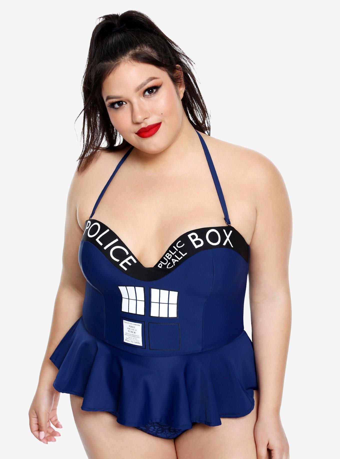 Doctor Who Peplum Swim Top Plus Size, BLUE, hi-res