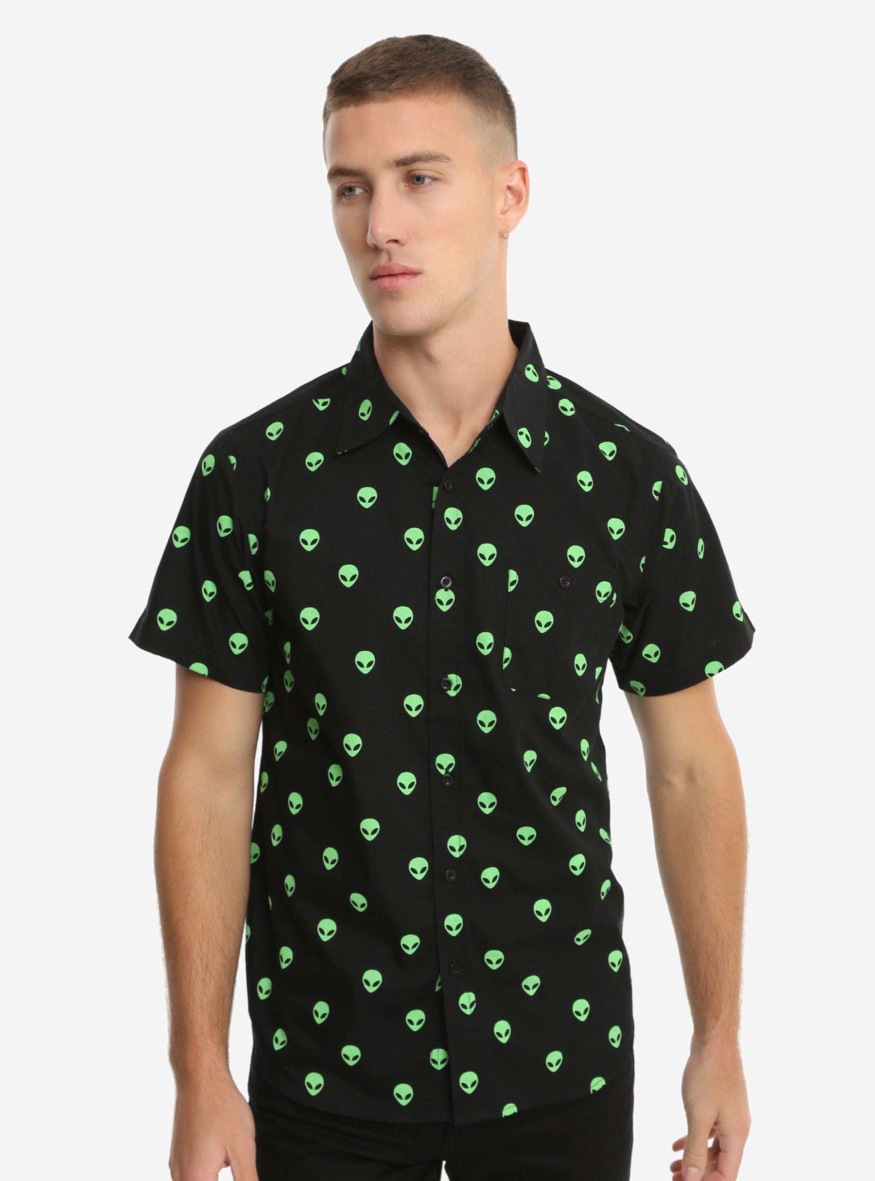 Black & Green Alien Head Short-Sleeved Woven Button-Up, BLACK, hi-res