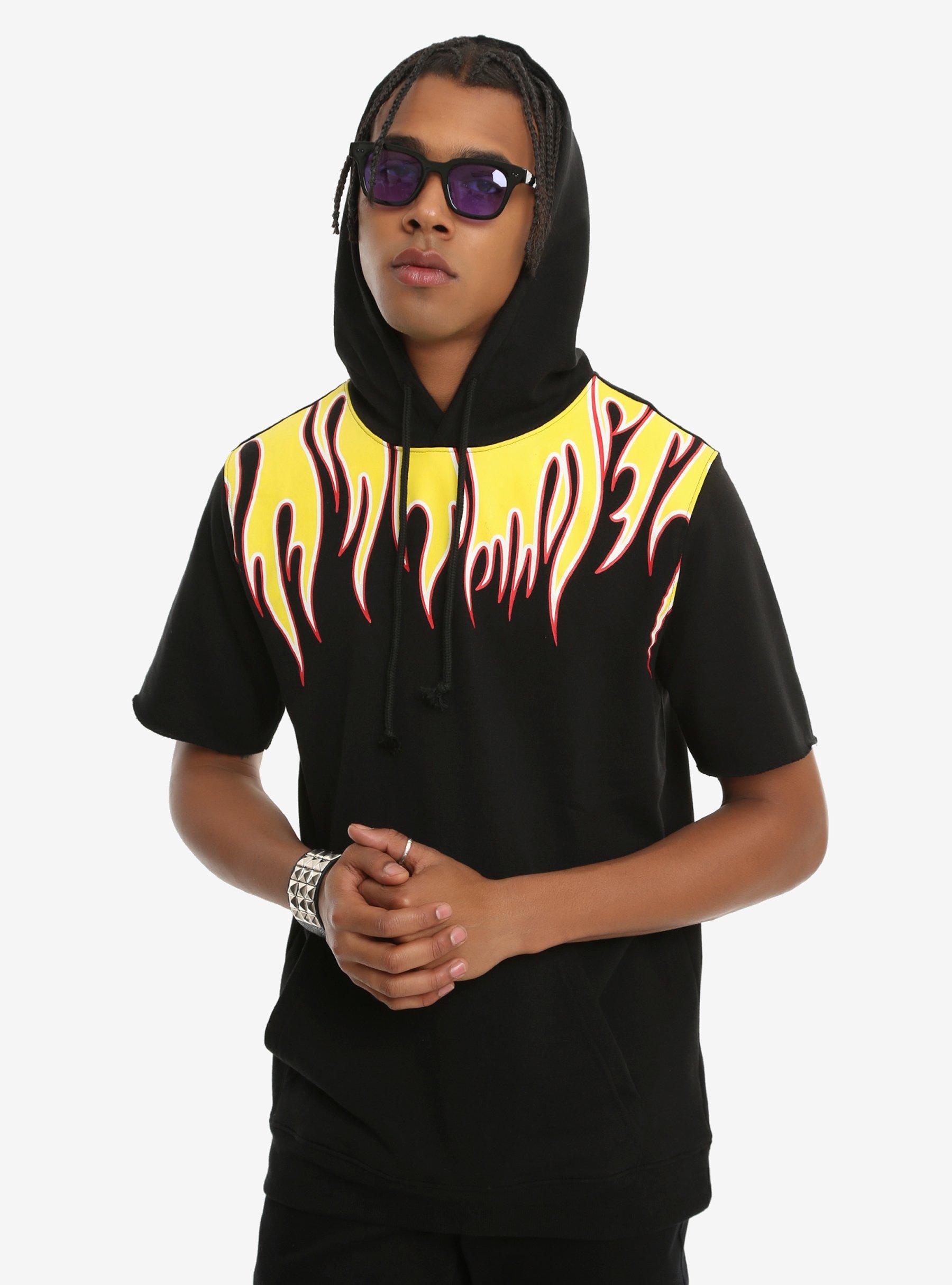 Flame Shoulder Short-Sleeved Hoodie, BURGUNDY, hi-res