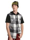 Black & White Plaid Short-Sleeved Hooded Woven Button-Up, GREY, hi-res