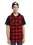 Red & Black Buffalo Plaid Short-Sleeved Hooded Woven Button-Up, BURGUNDY, hi-res