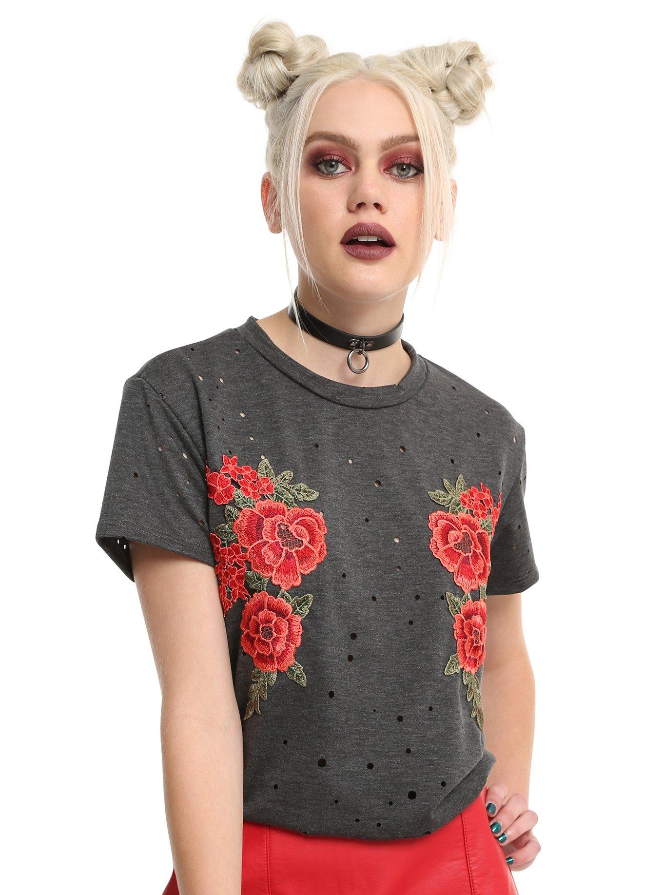 Grey Embroidered Rose Girls Top | Hot Topic
