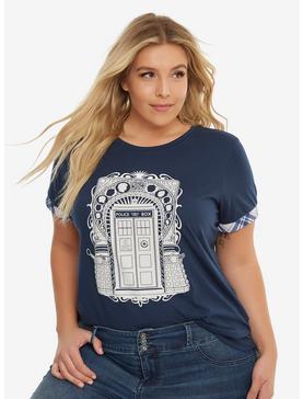 Plus Size Doctor Who Navy TARDIS Plaid Sleeve T-Shirt Plus Size, , hi-res