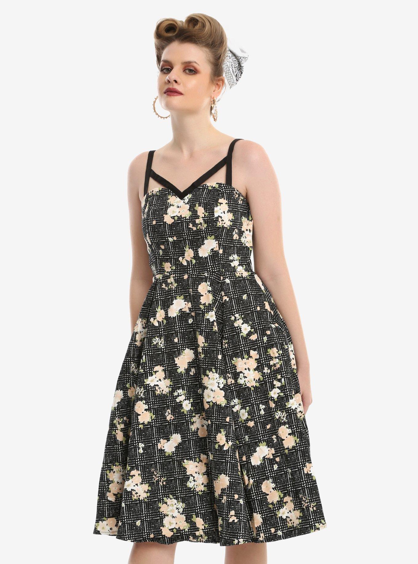 Black & White Crosshatch Floral Strappy Swing Dress, BLACK, hi-res