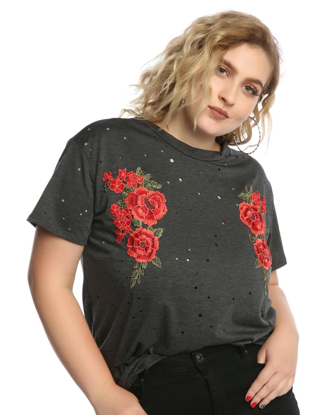 Grey Embroidered Rose Girls Top Plus Size, GREY, hi-res