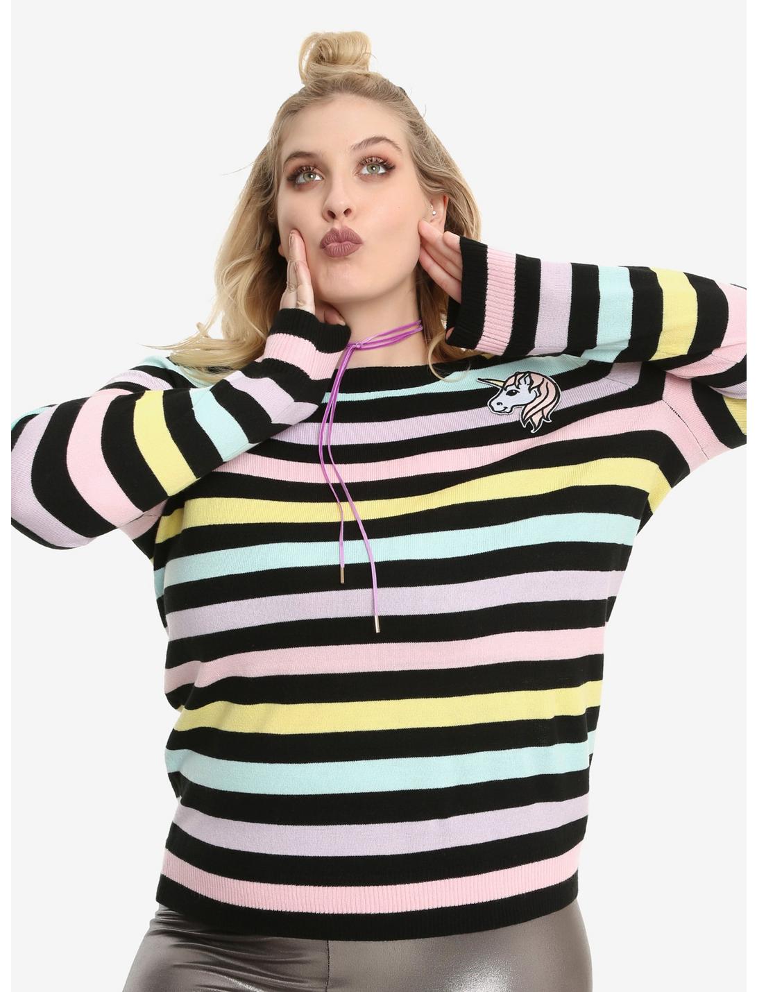 Pastel Stripe Unicorn Girls Sweater Plus Size, MULTI, hi-res