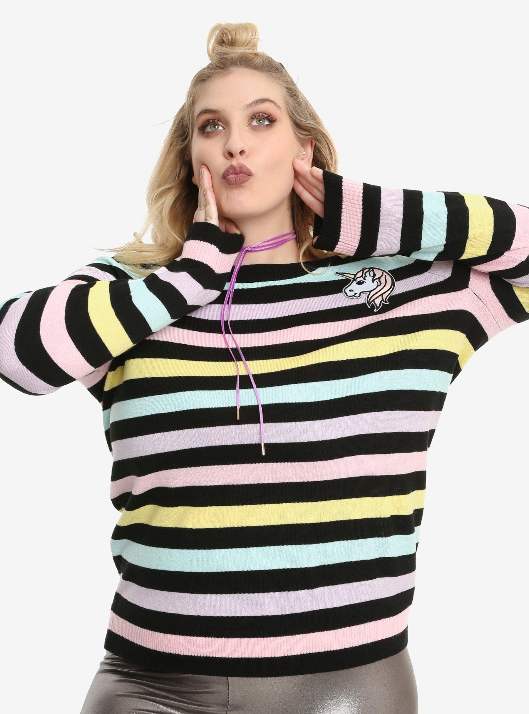 Pastel Stripe Unicorn Girls Sweater Plus Size, MULTI, hi-res